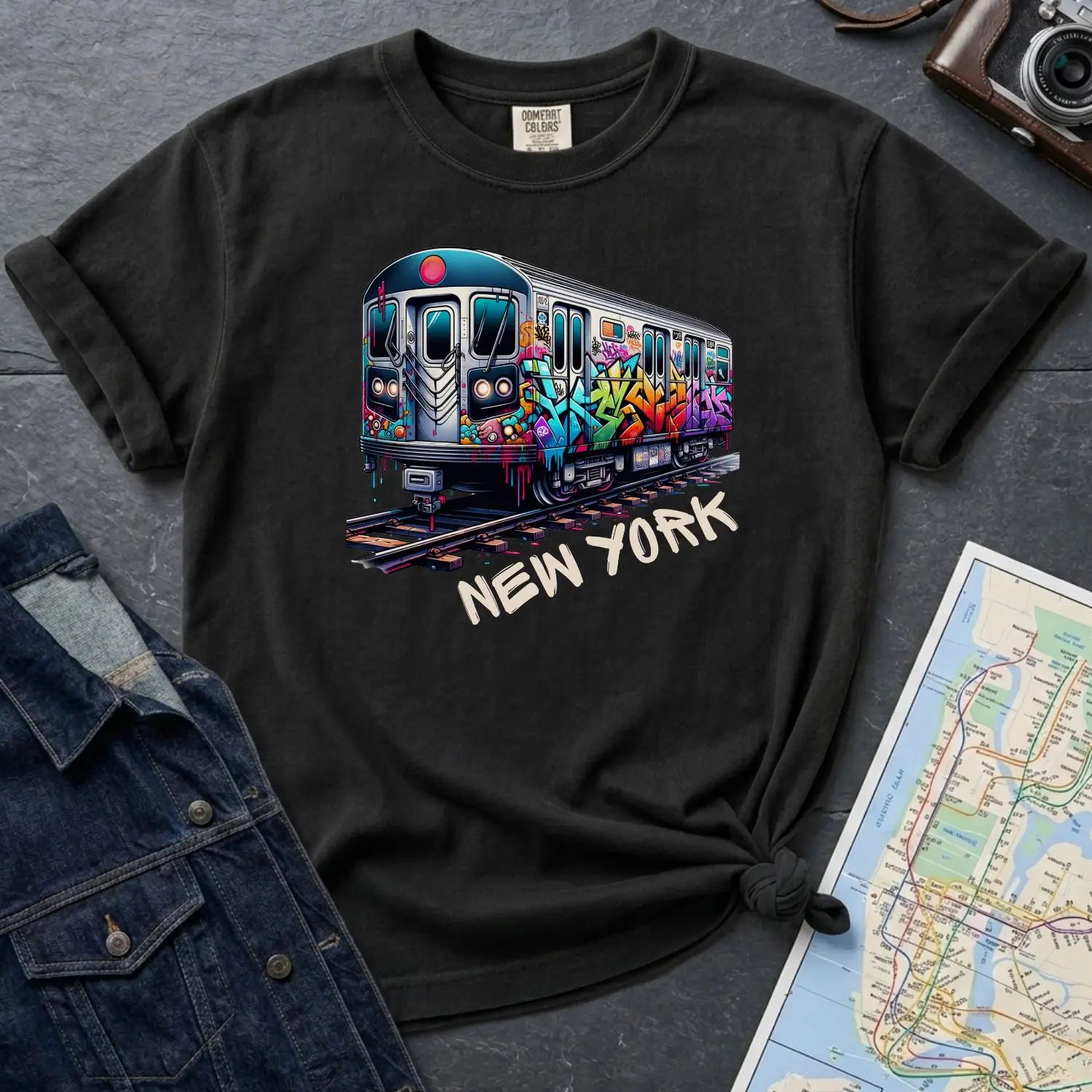 Black Comfort Colors t-shirt with a graffiti train graphic and 'New York' text on a dark surface with a map and jacket.