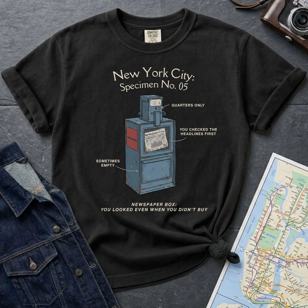 Black Comfort Colors t-shirt with a newspaper box graphic and text on a dark surface with a map and jacket.