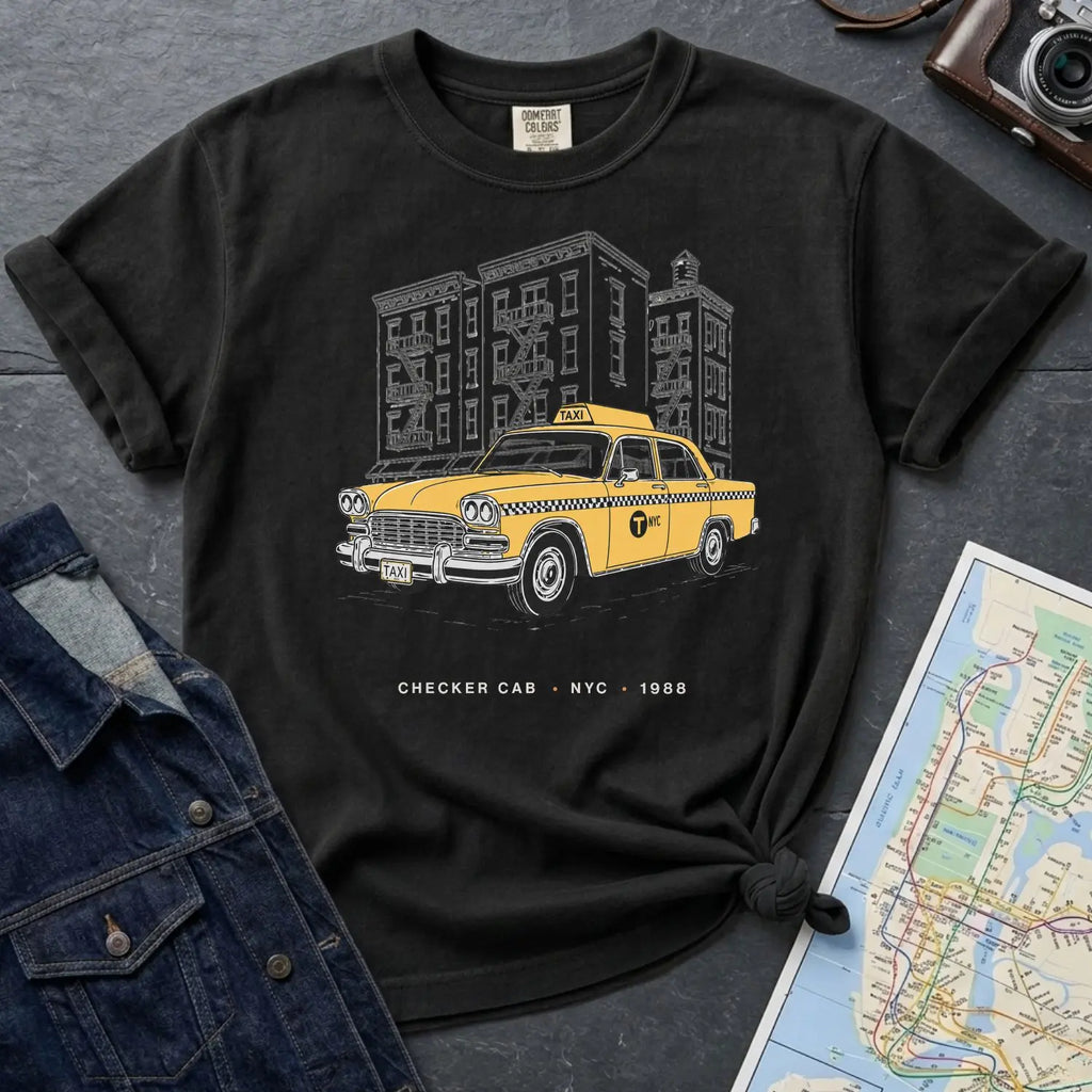Black Comfort Colors t-shirt featuring a vintage New York City Checker Cab graphic with NYC apartment buildings and “Checker Cab • NYC • 1988” text. on a dark surface with denim jacket and map.