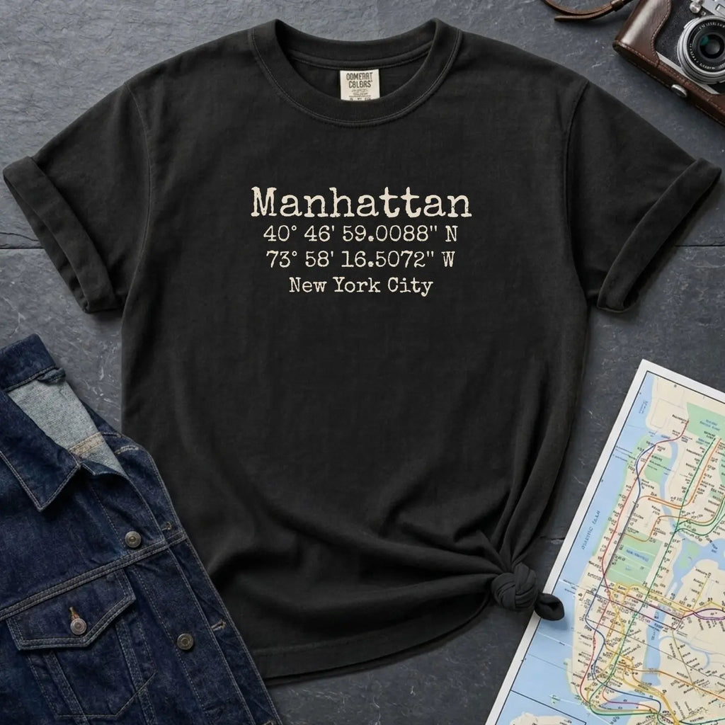 Black Comfort Colors t-shirt featuring Manhattan, NY coordinates and New York City text in a minimalist typewriter-style design.