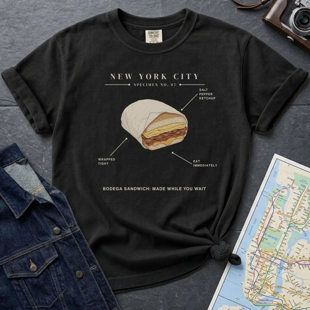 Black t-shirt with a graphic of a bodega sandwich and text on a gray surface with a map and denim jacket.