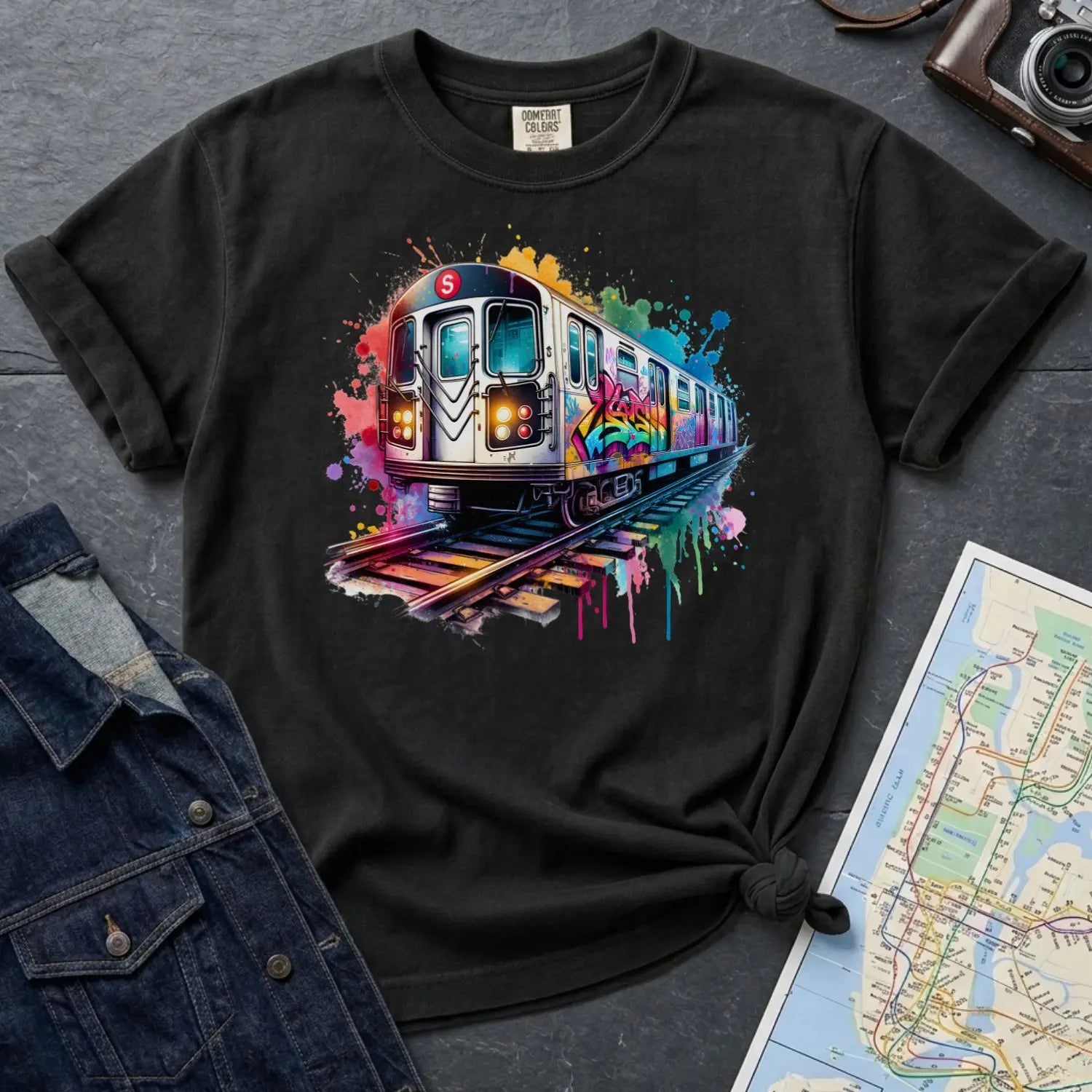Black Comfort Colors t-shirt with a colorful graffiti NYC subway train graphic on a gray surface with a map and jacket.