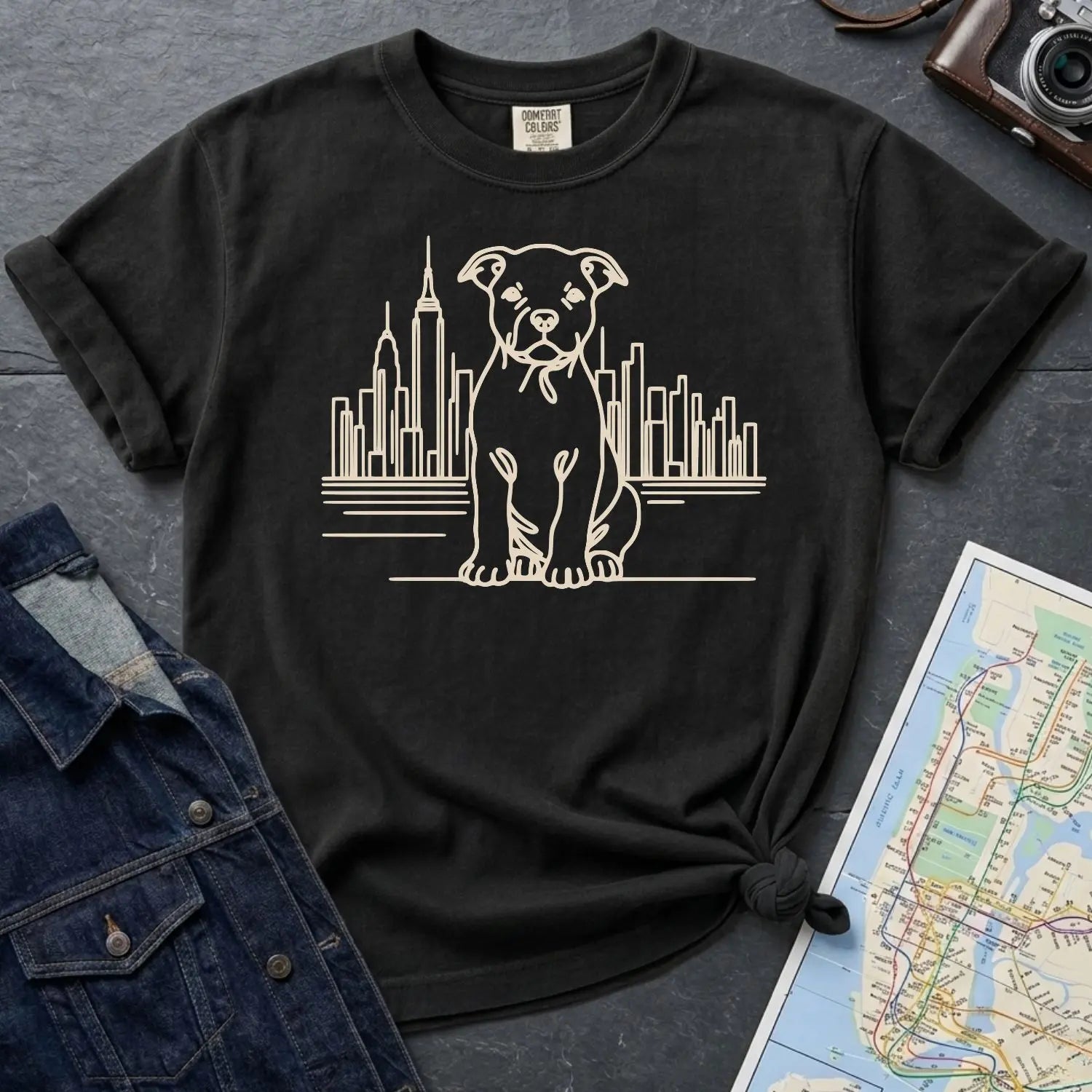 Black Comfort Colors t-shirt with a Pitbull dog and cityscape design on a gray surface with a denim jacket and map.