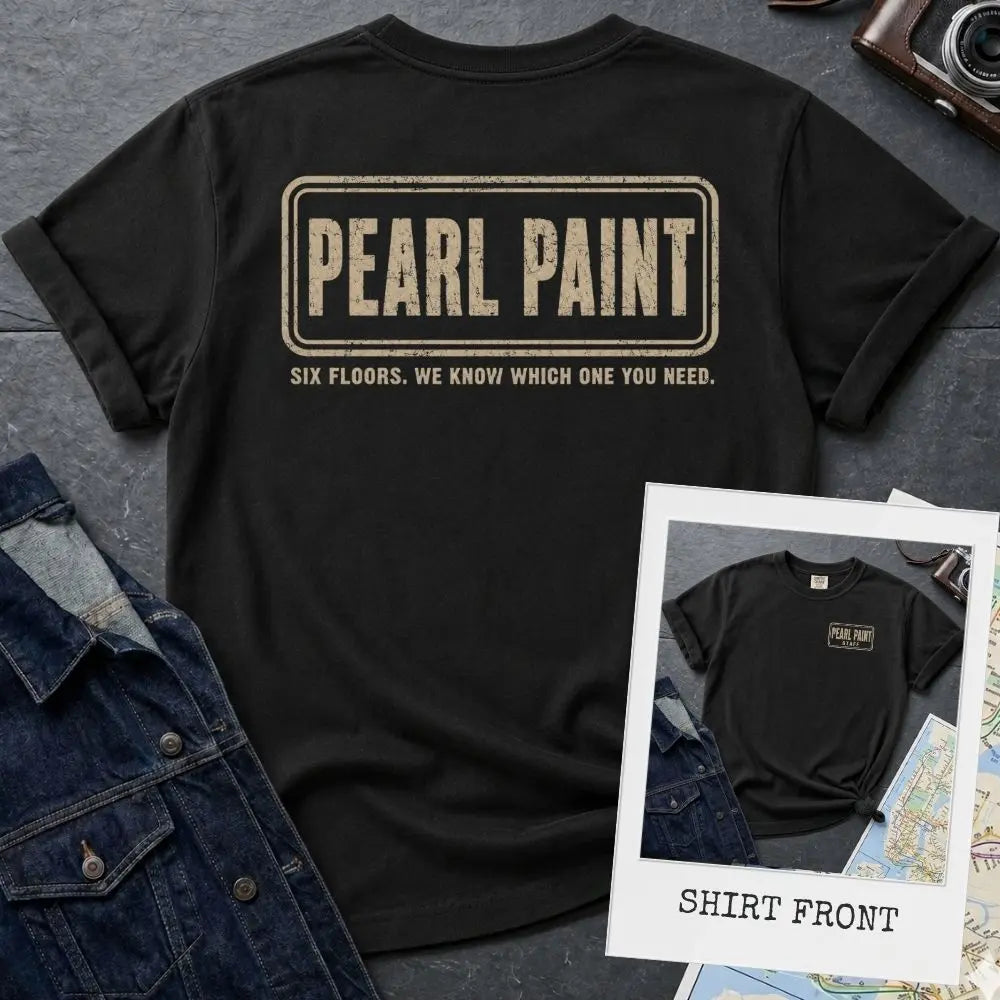 Black Comfort Colors T-shirt with off-white Pearl Paint NYC back print and small front chest print, shown as a double-sided New York nostalgia tee