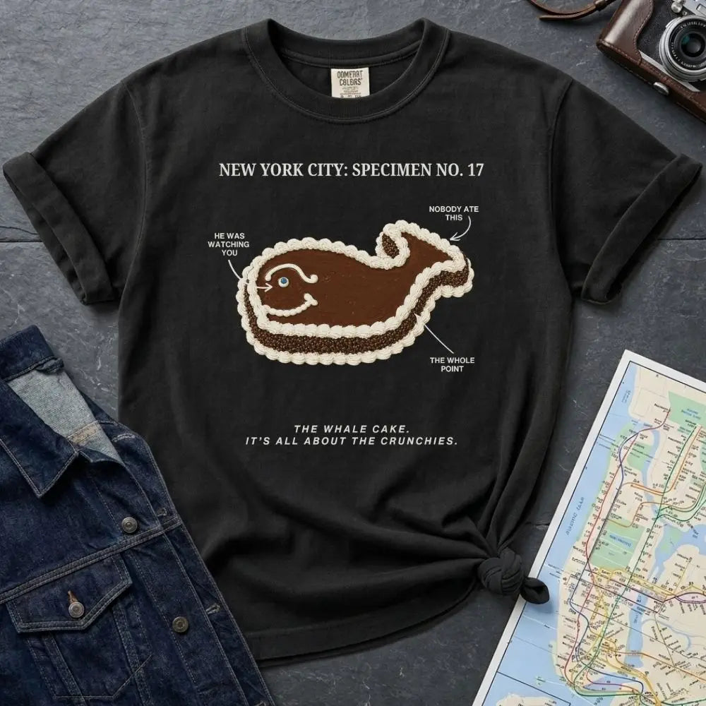 Black Comfort Colors T-shirt with NYC whale cake specimen front print, styled with denim jacket, camera, and subway map
