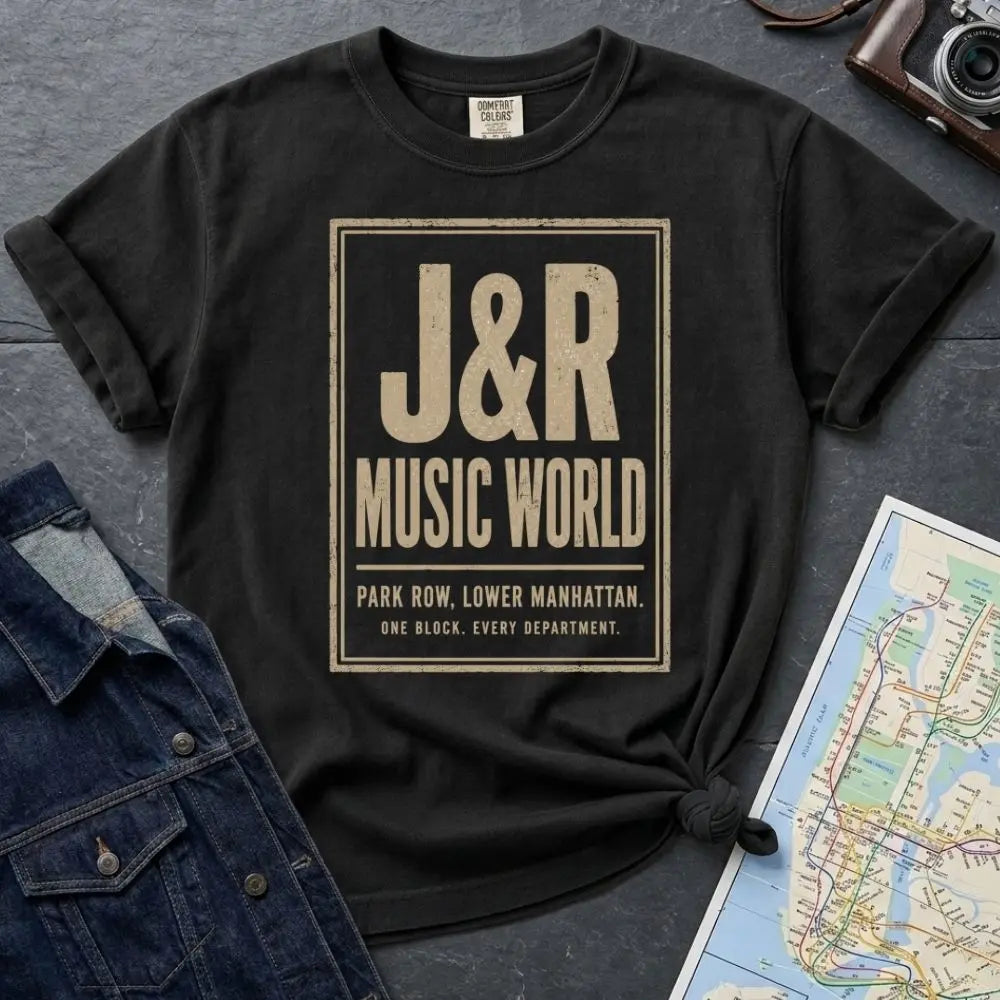 Black Comfort Colors T-shirt with off-white J&R Music World NYC front print, styled with denim jacket, camera, and subway map
