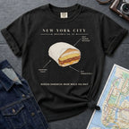 Black Comfort Colors  t-shirt with a graphic of a bodega sandwich and text on a dark surface with a map and jacket.
