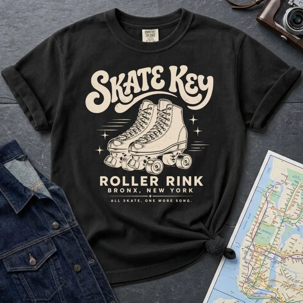 A black Comfort Colors t-shirt featuring a cream-colored retro roller skate design with the text 'SKATE KEY' and 'ROLLER RINK BRONX, NEW YORK'. The shirt is styled in a flat-lay arrangement with a denim jacket, a vintage camera, and a map on a dark gray textured background.
