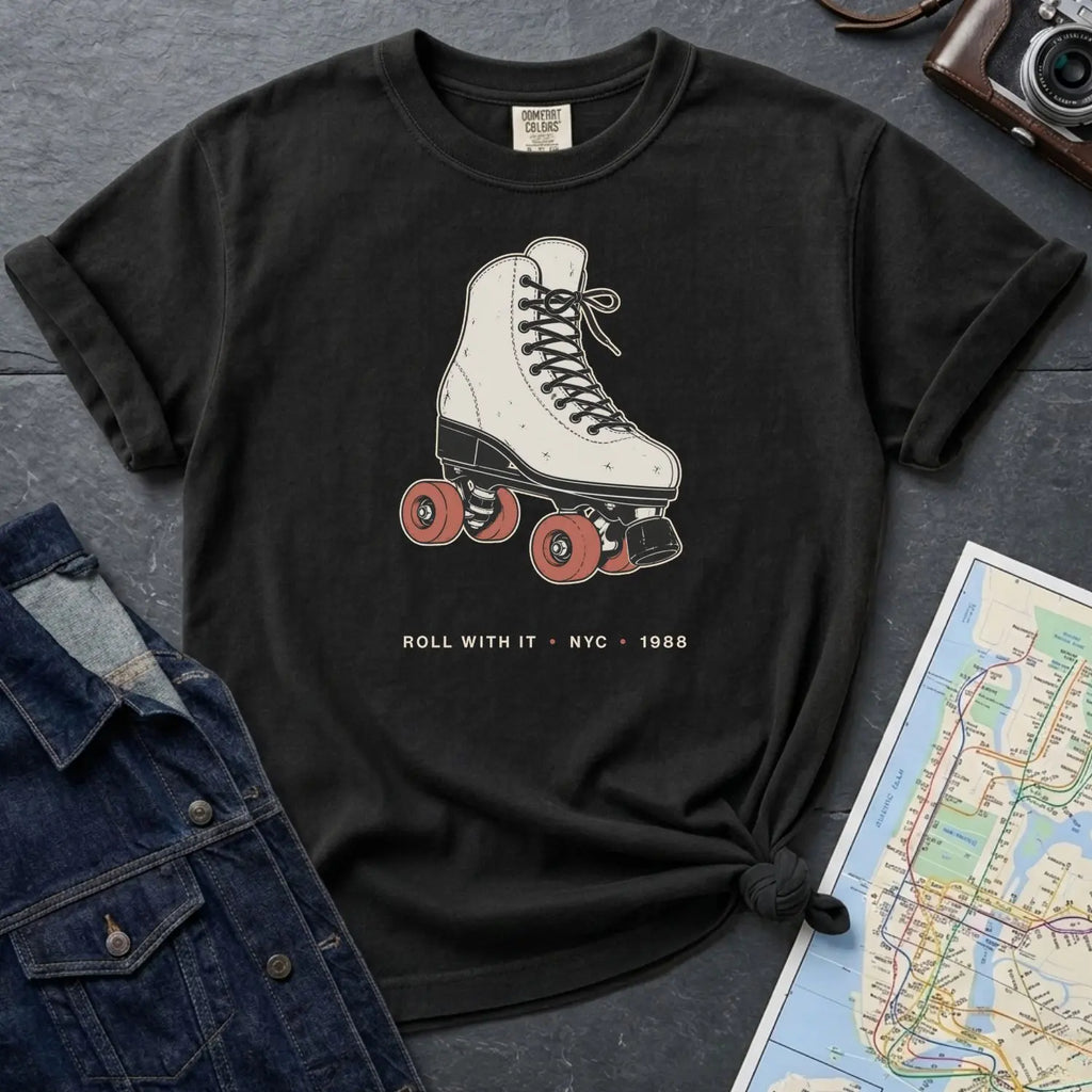 Black Comfort Colors t-shirt featuring a vintage roller skate graphic with “Roll With It • NYC • 1988” text on a dark surface with a denim jacket and map.