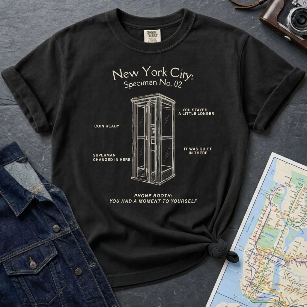 Black Comfort Colors t-shirt with phone booth design and text on a dark surface with denim jacket and map.