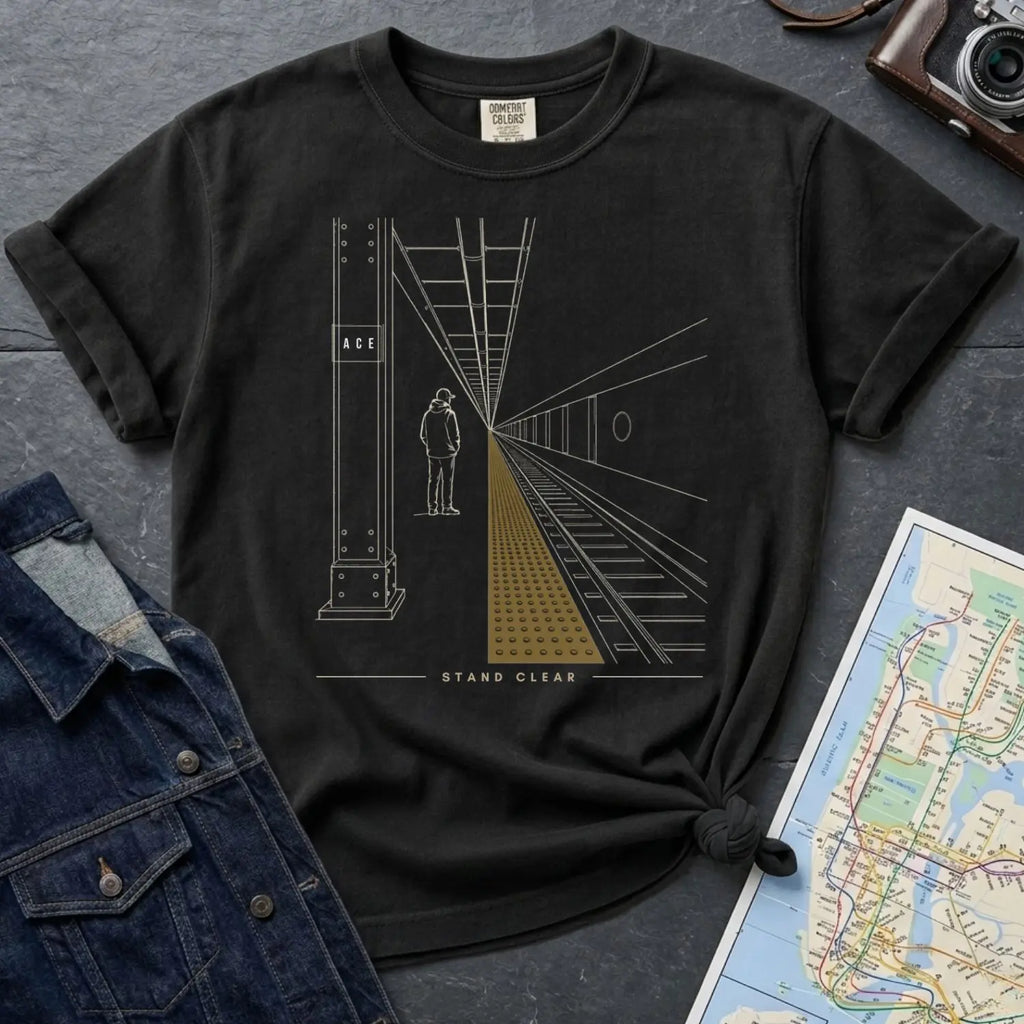 Black Comfort Colors t-shirt with a graphic design of train tracks and a person standing on them, placed on a dark surface with a map and denim jacket.