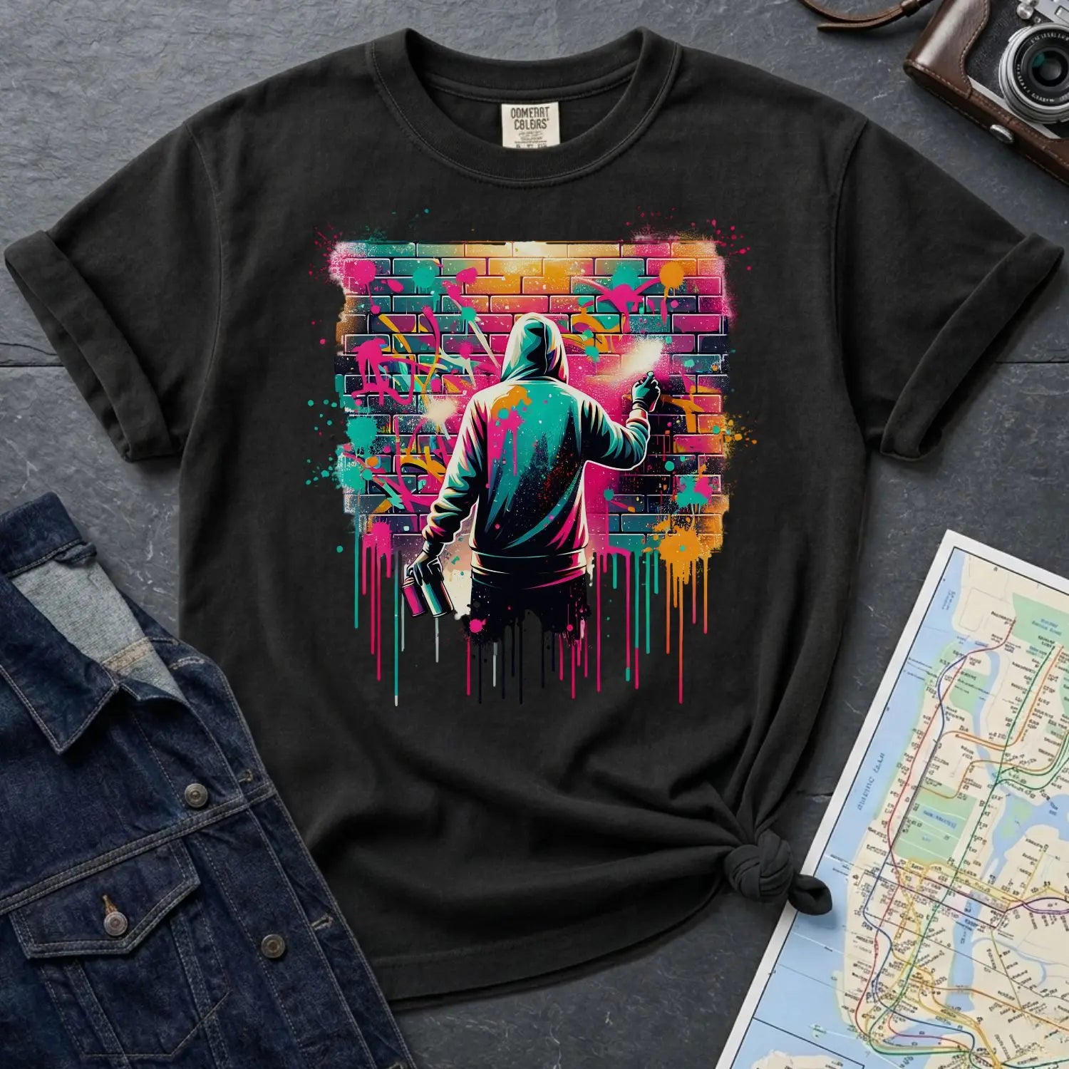 Black Comfort Colors t-shirt with a colorful graphic of a person spray painting a brick wall, placed on a dark surface with a map and denim jacket.