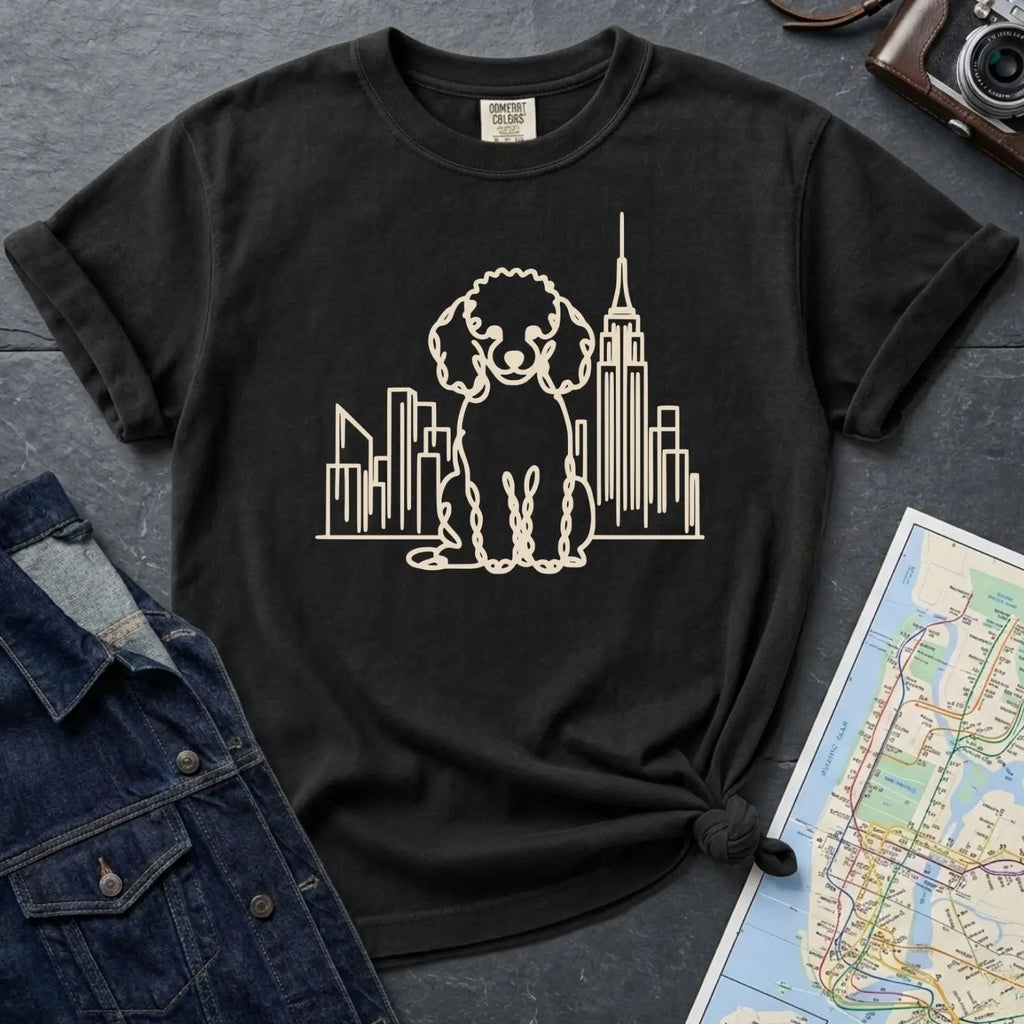 Black Comfort Colors t-shirt with a Poodle and cityscape design on a gray surface with a map and jacket.