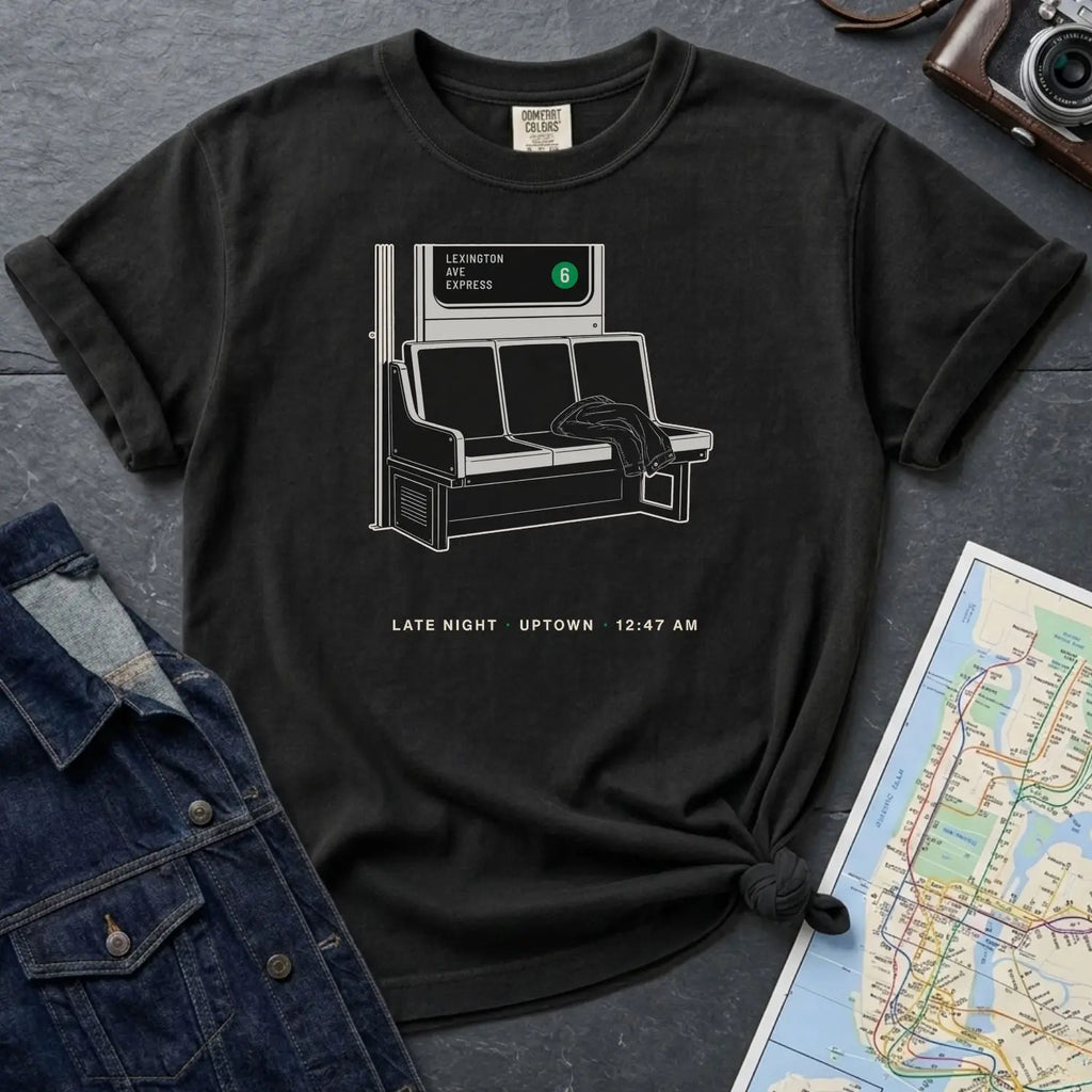 Black Comfort Colors t-shirt with a graphic of a subway bench and text, placed on a dark surface with a map and denim jacket.