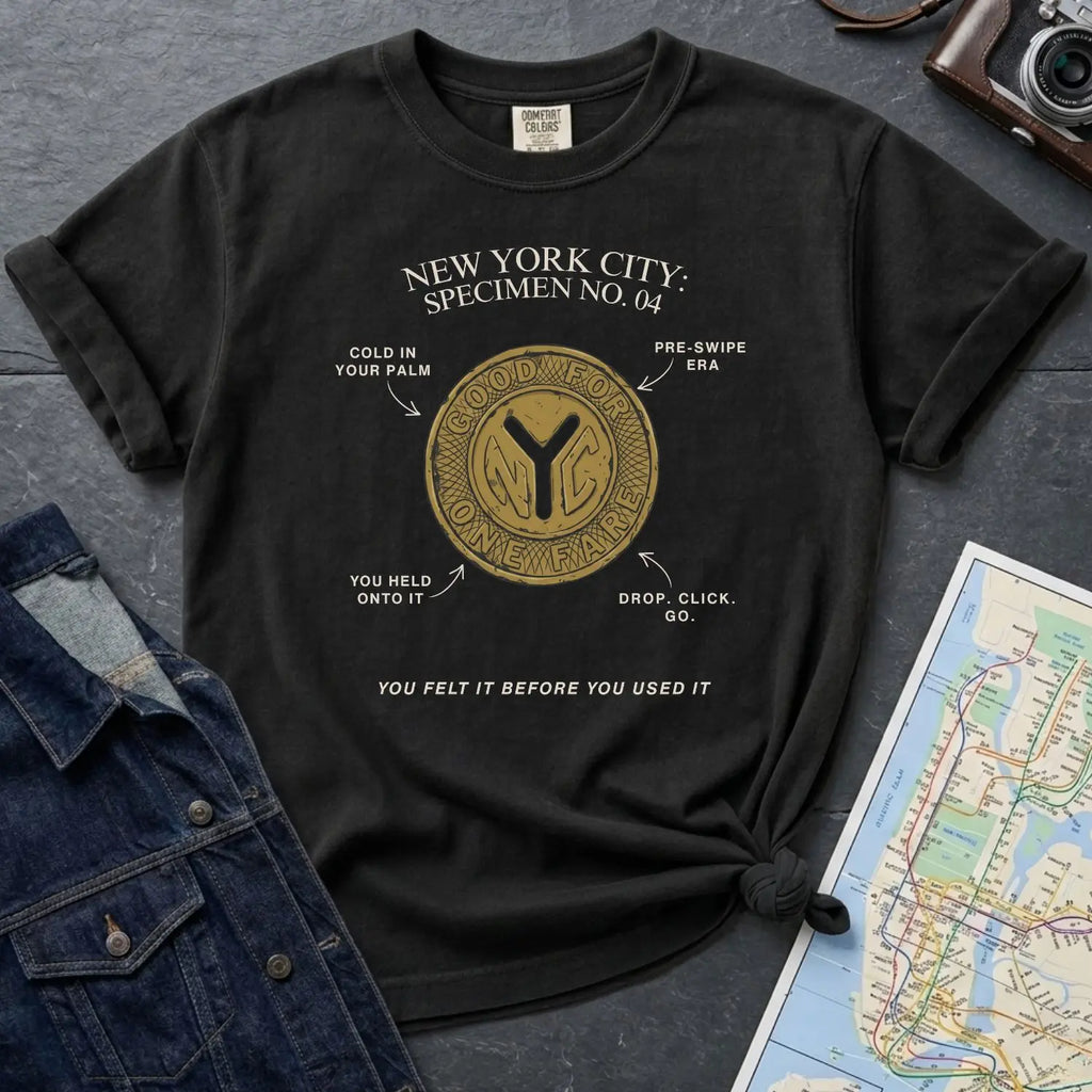 Black Comfort Colors t-shirt with New York City vintage token design on a gray surface with denim jacket and map.
