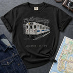 Black Comfort Colors T-shirt with NYC R train local service front print, styled with denim jacket, camera, and subway map
