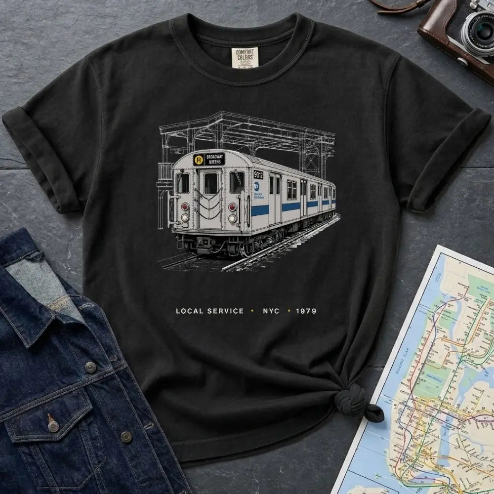 Black Comfort Colors T-shirt with NYC R train local service front print, styled with denim jacket, camera, and subway map