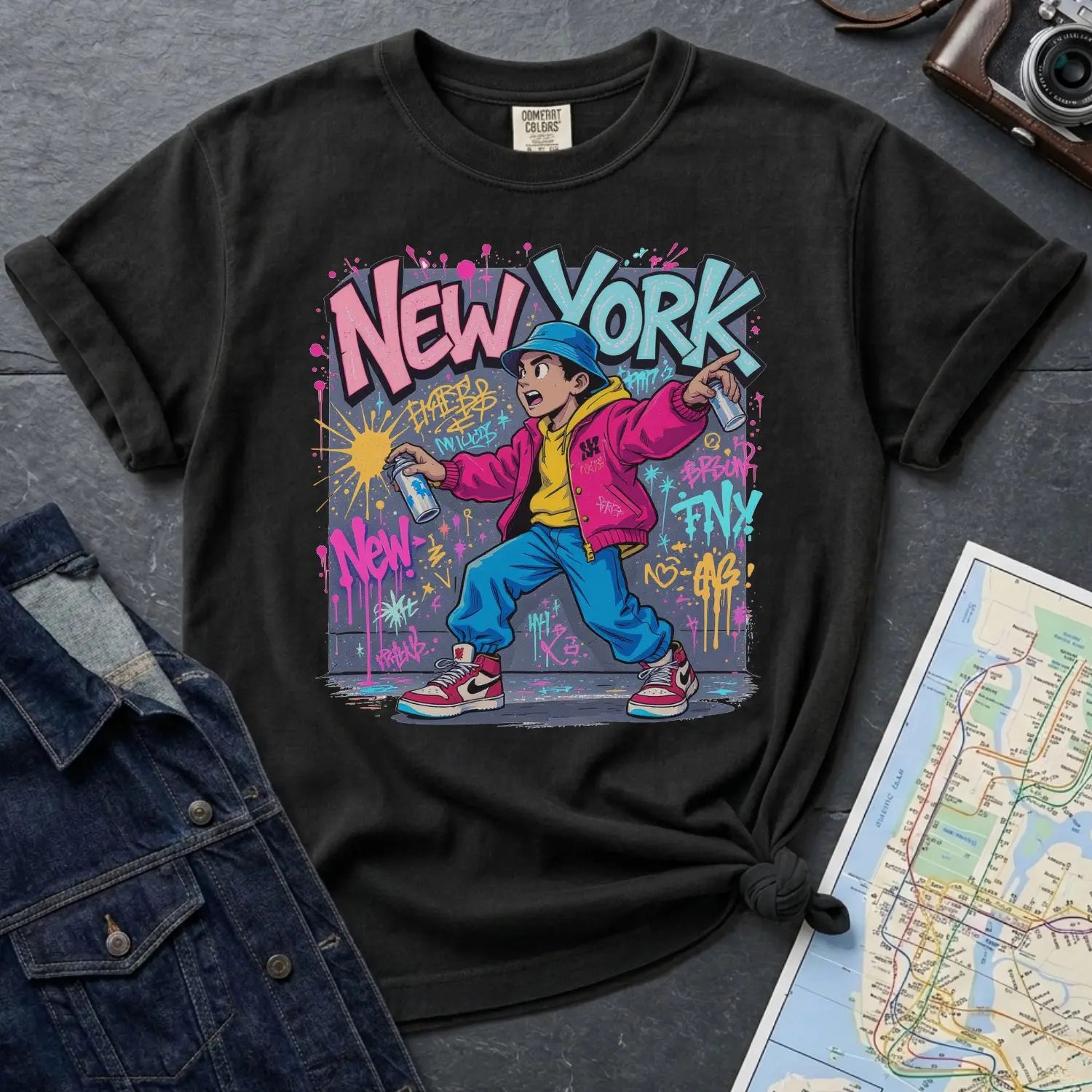 Black Comfort Colors t-shirt featuring a colorful NYC graffiti-style New York graphic with a young street artist holding a spray paint can design on a gray surface with denim jacket and map.