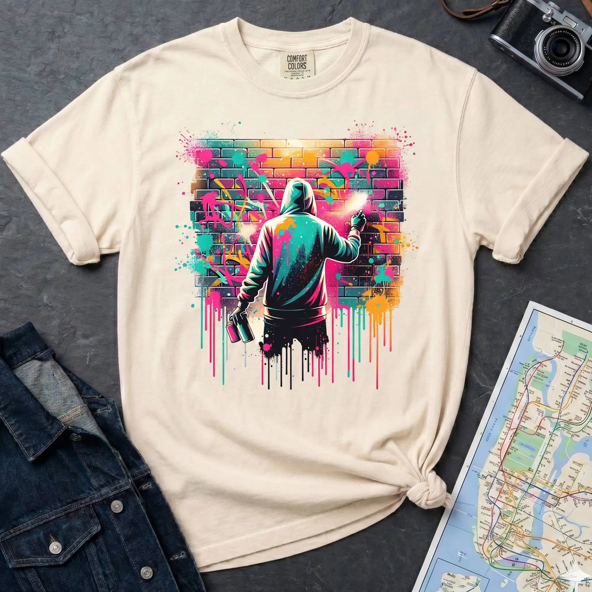 Ivory t-shirt with a graphic of a person spray painting a colorful mural on a brick wall.