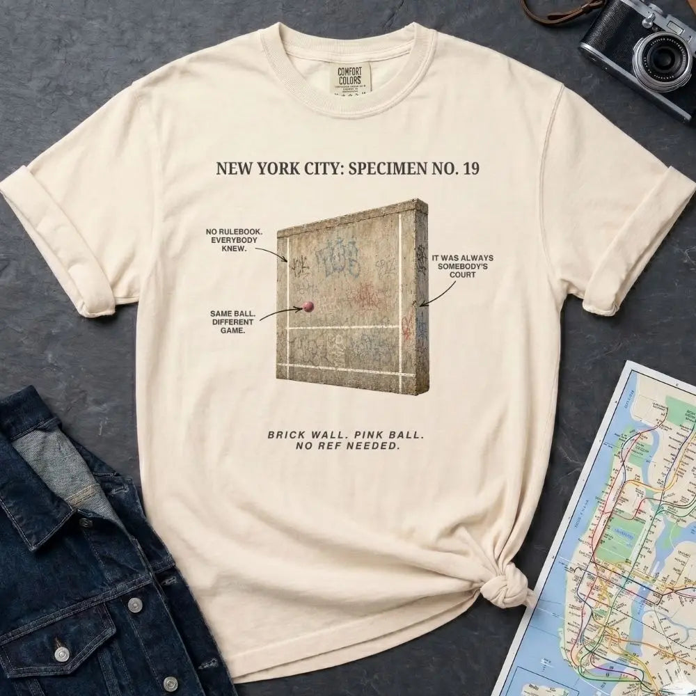 Ivory Comfort Colors t-shirt featuring a vintage scientific specimen illustration of a graffiti covered NYC handball court wall with a pink Spaldeen ball and callout arrows labeled No Rulebook Everybody Knew, Same Ball Different Game, It Was Always Somebody's Court, with tagline: Brick Wall, Pink Ball, No Ref Needed.