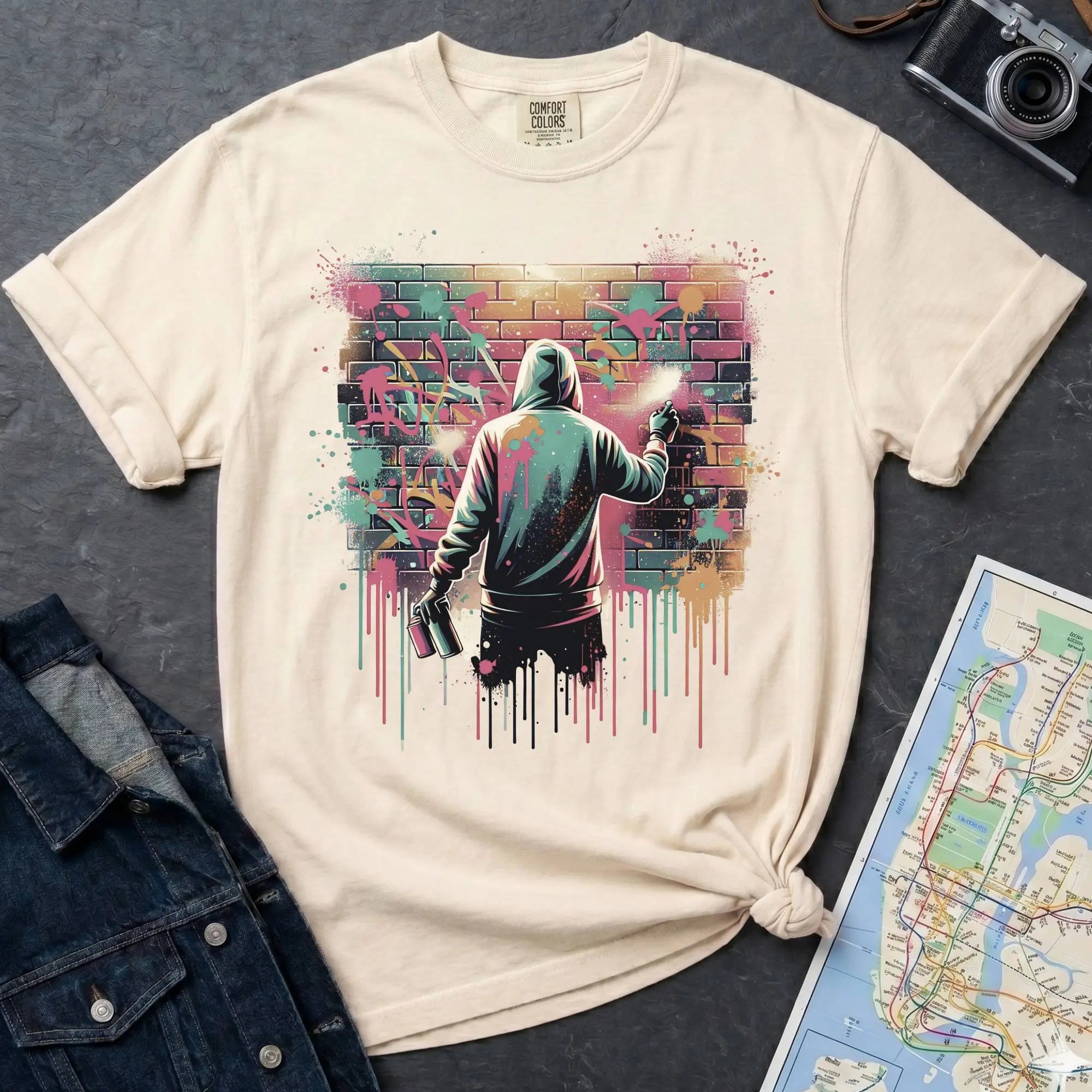 Beige t-shirt with a graphic of a person spray painting a colorful mural on a brick wall.