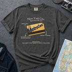 Pepper colored t-shirt with New York City MetroCard graphic on a gray surface with a map and jacket.