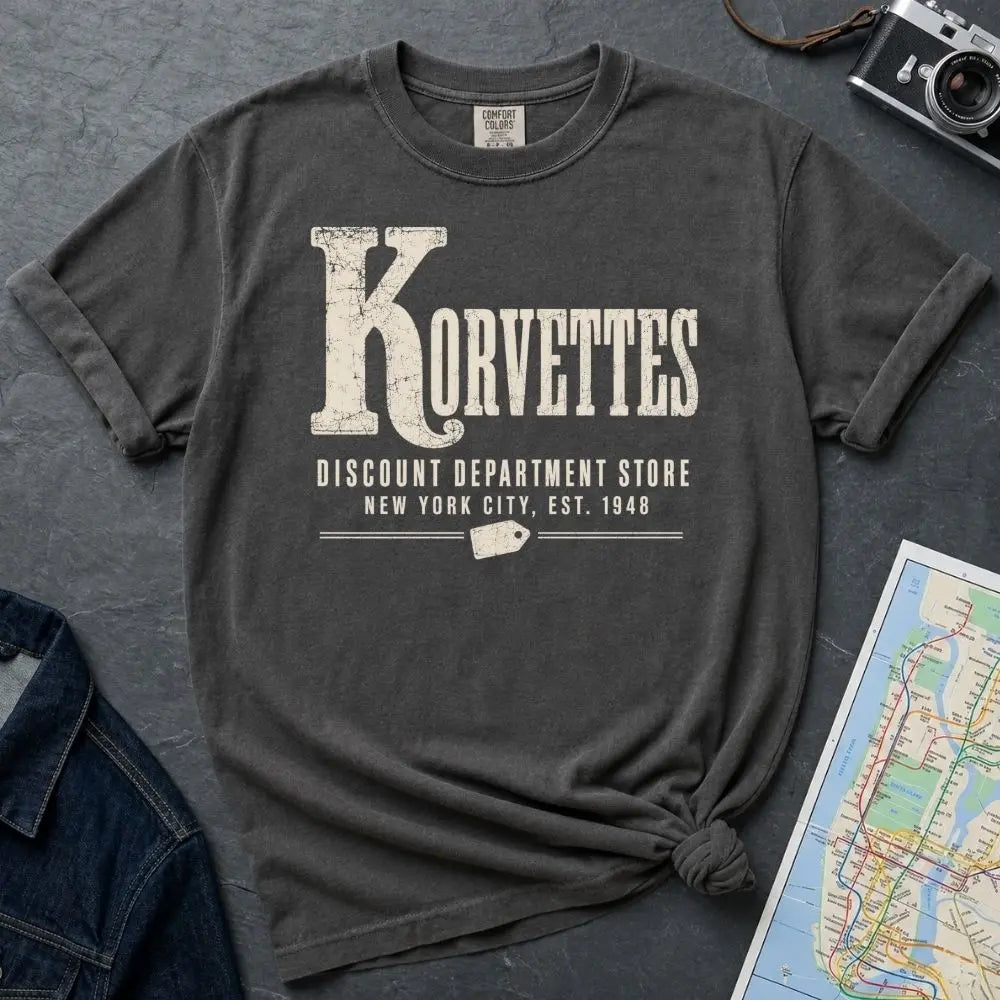 Pepper colored Comfort Colors t-shirt with Korvettes in large distressed vintage lettering, Discount Department Store and New York City, Est. 1948 below, with a price tag illustration, displayed flat with a denim jacket and subway map.