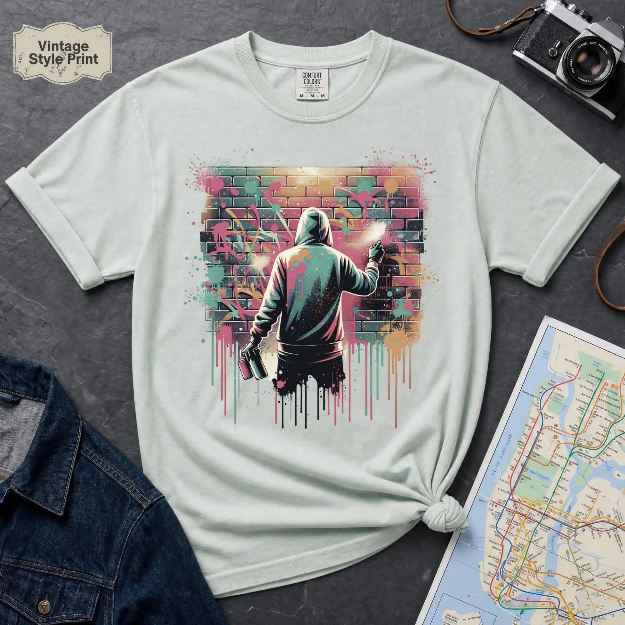 Bay colored t-shirt with a graphic of a person spray painting a mural on a brick wall, placed on a dark surface with a denim jacket and map in the background.