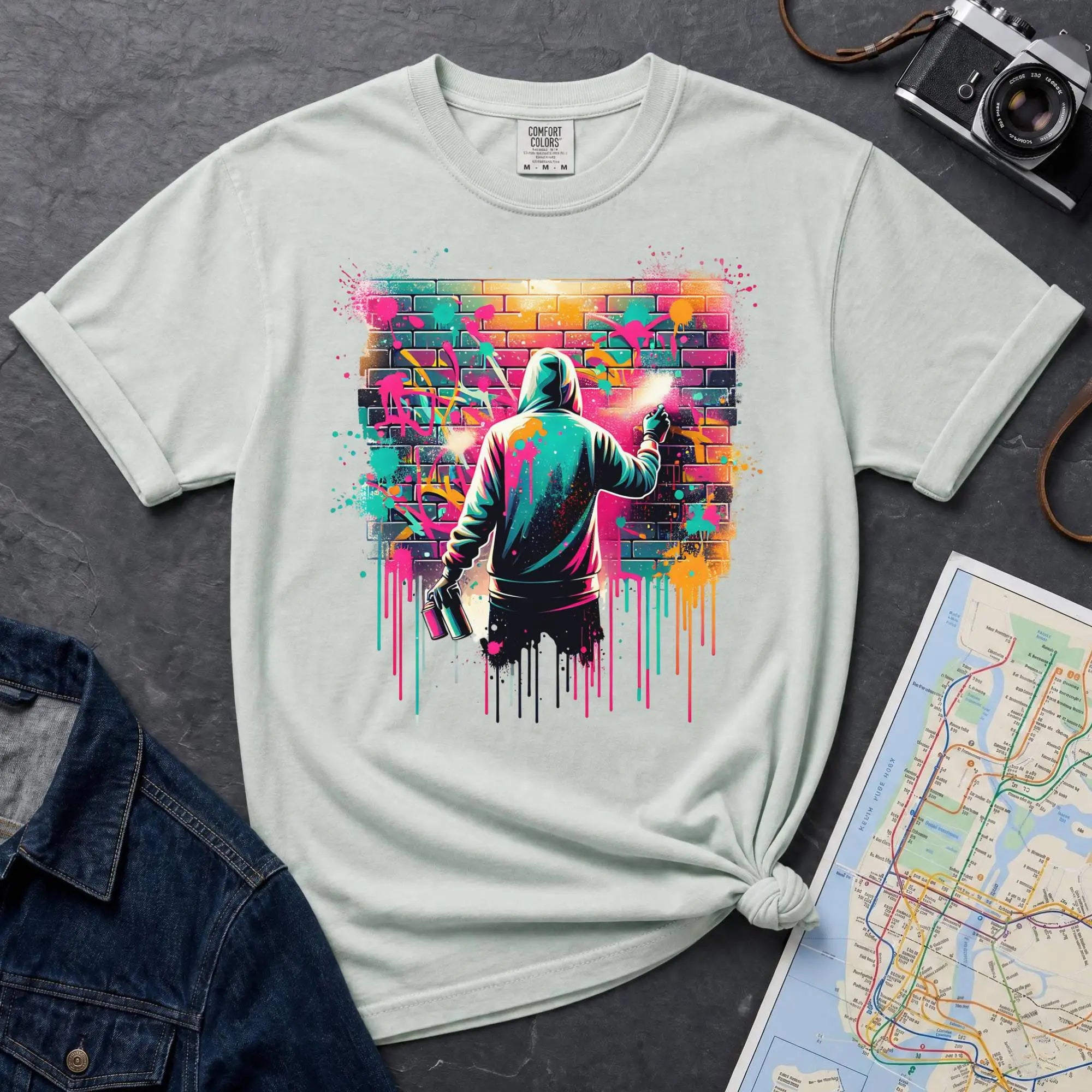 Bay colored t-shirt with a graphic of a person spray painting a colorful mural on a brick wall.