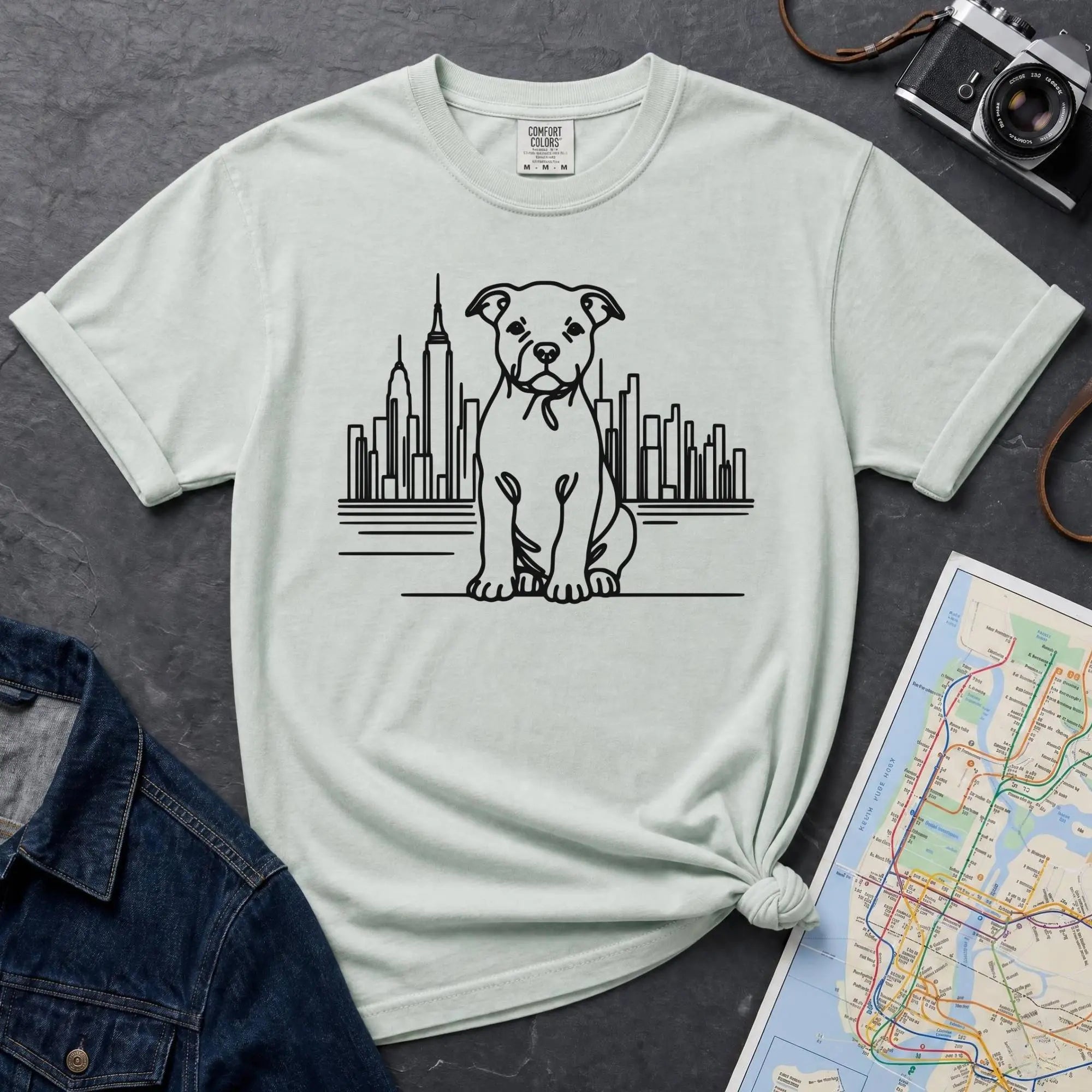 Bay colored t-shirt with a Pitbull dog and cityscape design on a dark surface with jeans and a map.