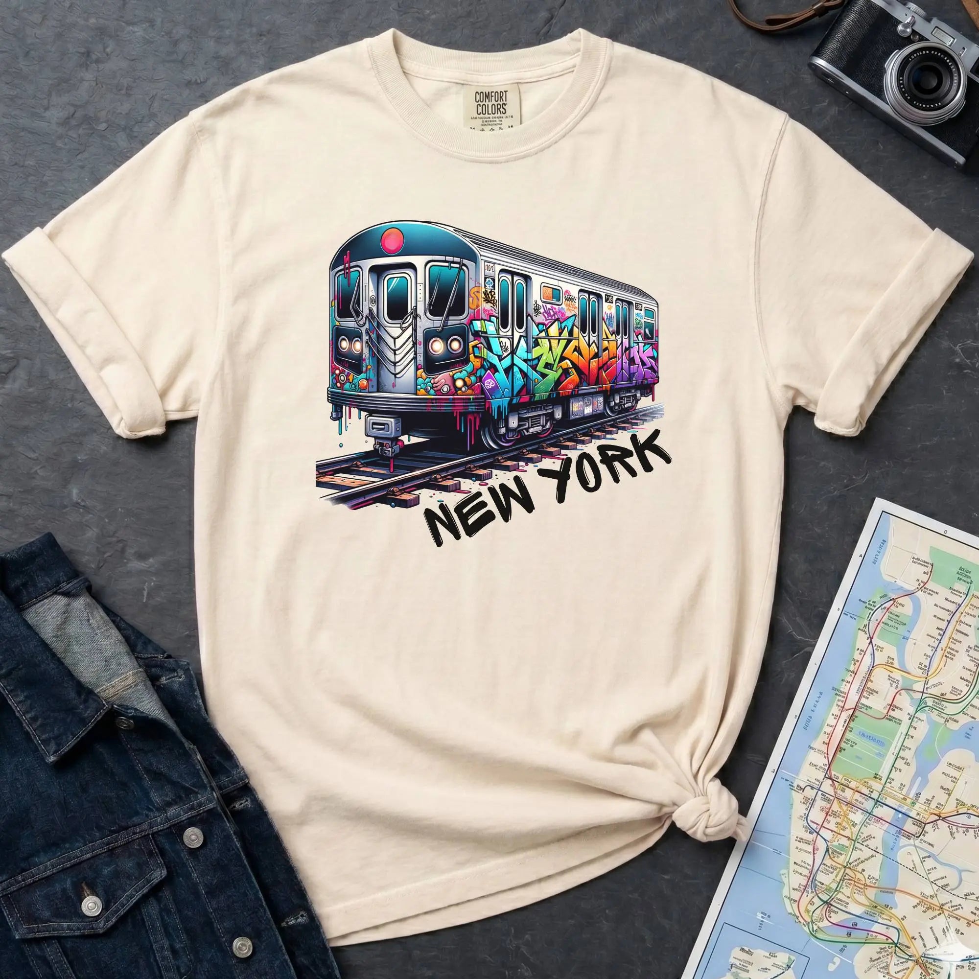 Ivory t-shirt with a colorful train graphic and 'New York' text on a gray surface with a map and denim jacket.