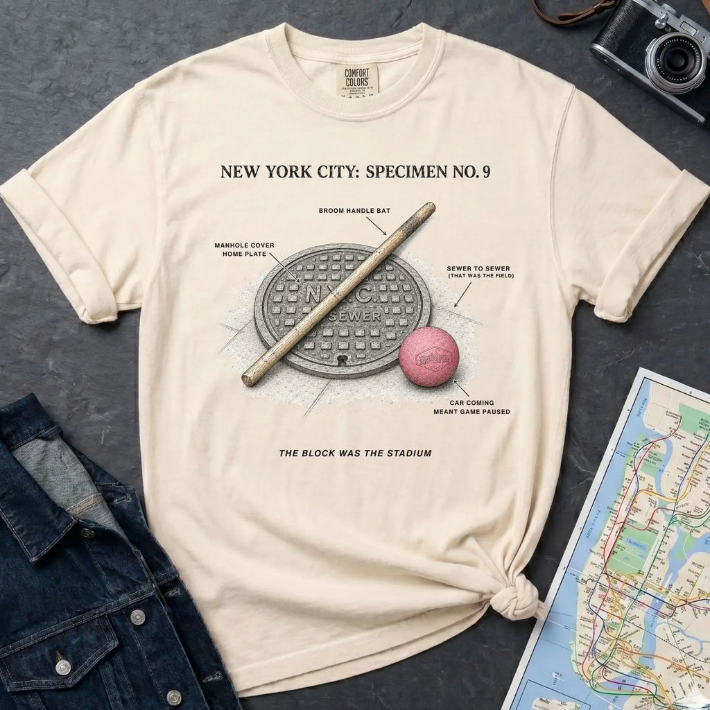 Ivory Comfort Colors t-shirt with a stickball ball and text on a dark surface with a denim jacket and map.
