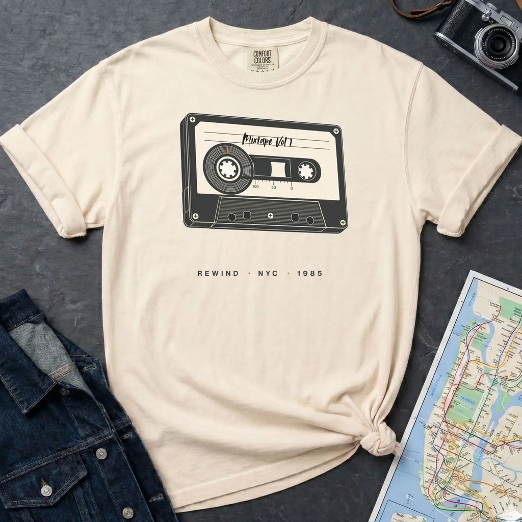 Ivory Comfort Colors t-shirt with a cassette tape graphic on a gray surface with denim jacket and map.