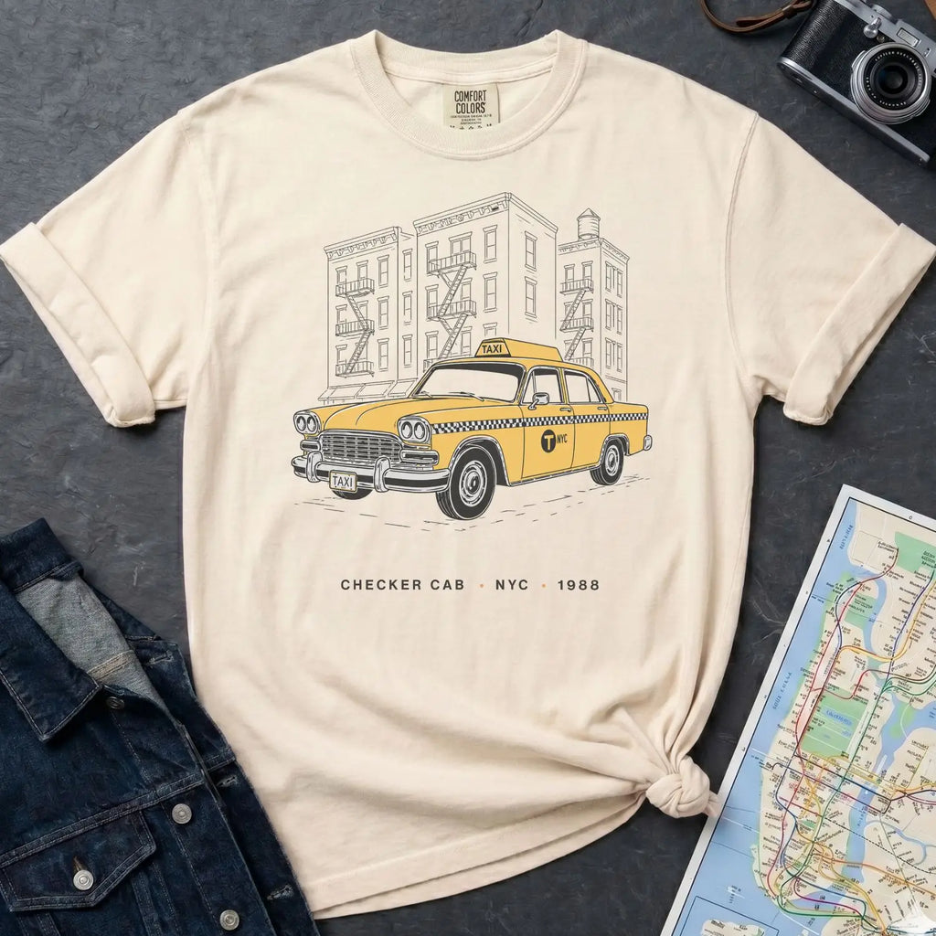 Ivory Comfort Colors t-shirt featuring a vintage New York City Checker Cab graphic with NYC apartment buildings and “Checker Cab • NYC • 1988” text, placed on a dark surface with denim jacket and map.