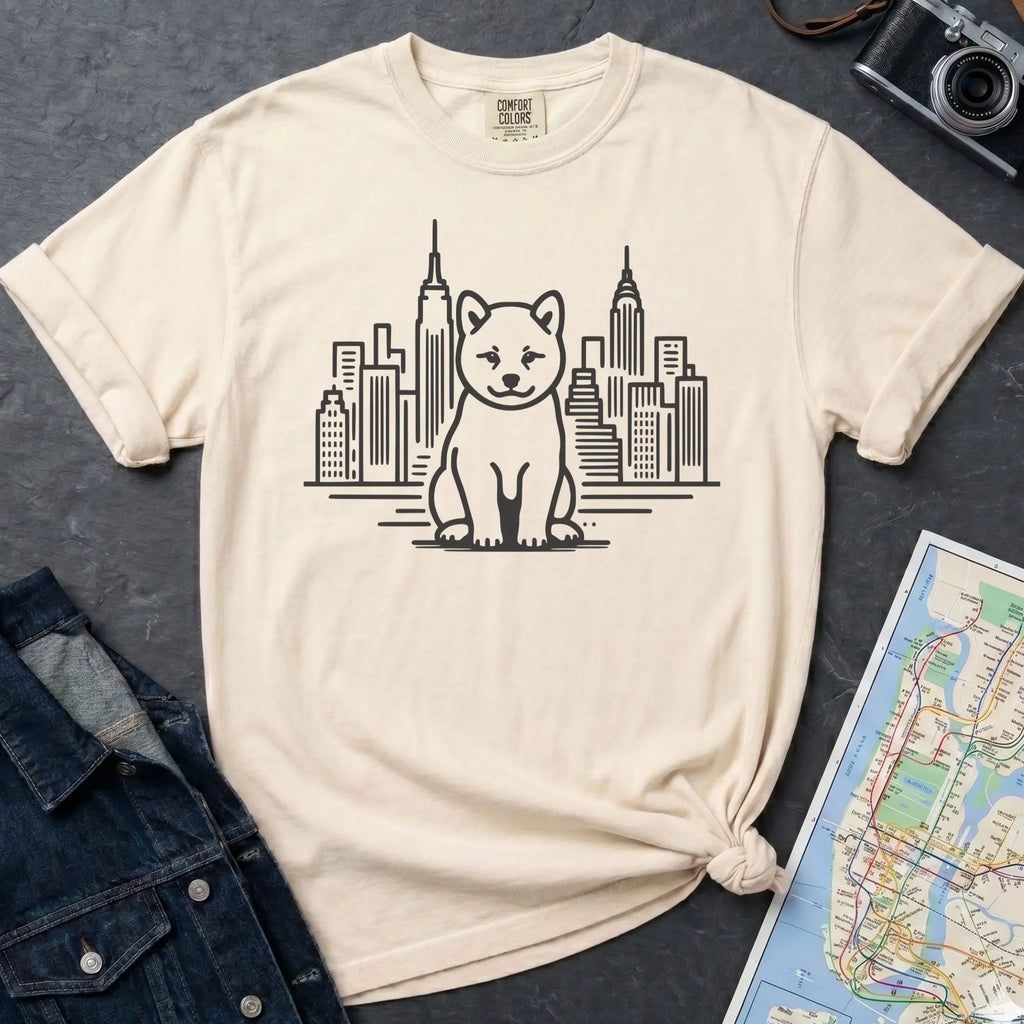Ivory Comfort Colors t-shirt featuring a minimalist Shiba Inu graphic in front of the New York City skyline on a dark surface with a denim jacket and a map.