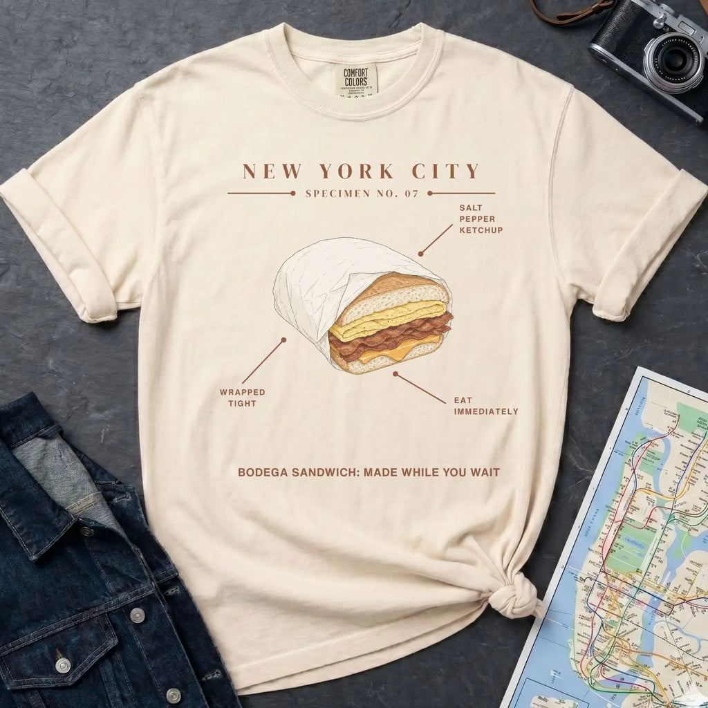 Ivory Comfort Colors  t-shirt with a graphic of a bodega sandwich and text on a dark surface with a map and jacket.