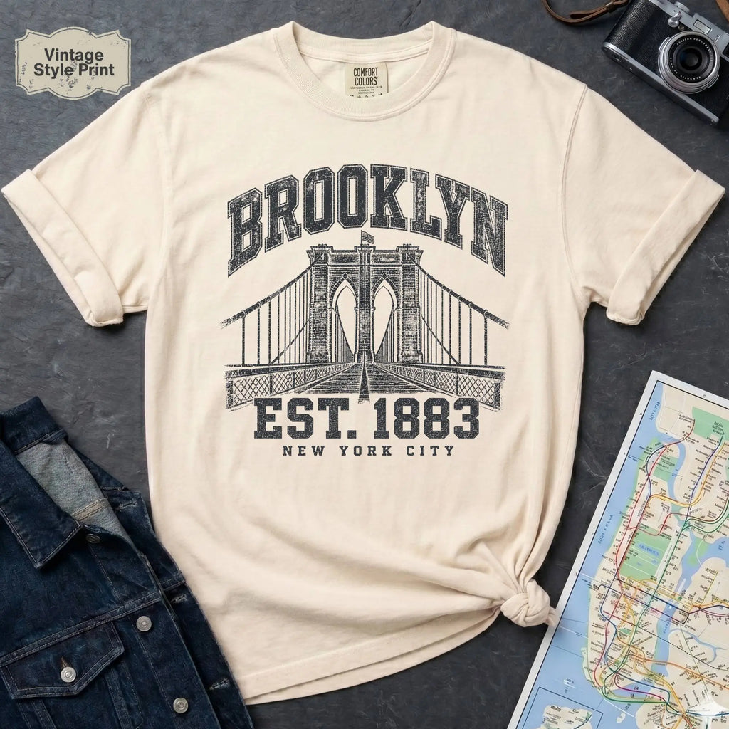 Ivory Vintage-style Brooklyn NYC graphic t-shirt on a Bay colored Comfort Colors cotton shirt, featuring the Brooklyn Bridge and “Brooklyn Est. 1883” text.