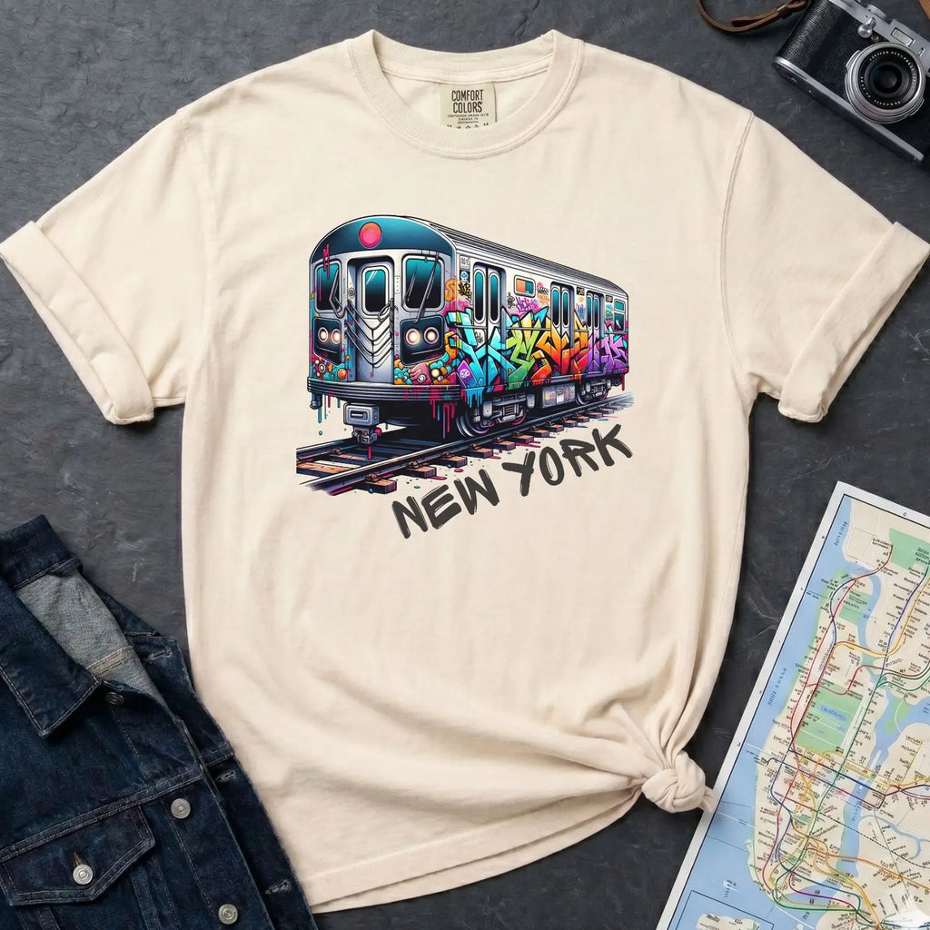 Ivory Comfort Colors t-shirt with a graffiti train graphic and 'New York' text  on a dark surface with a denim jacket and a map.