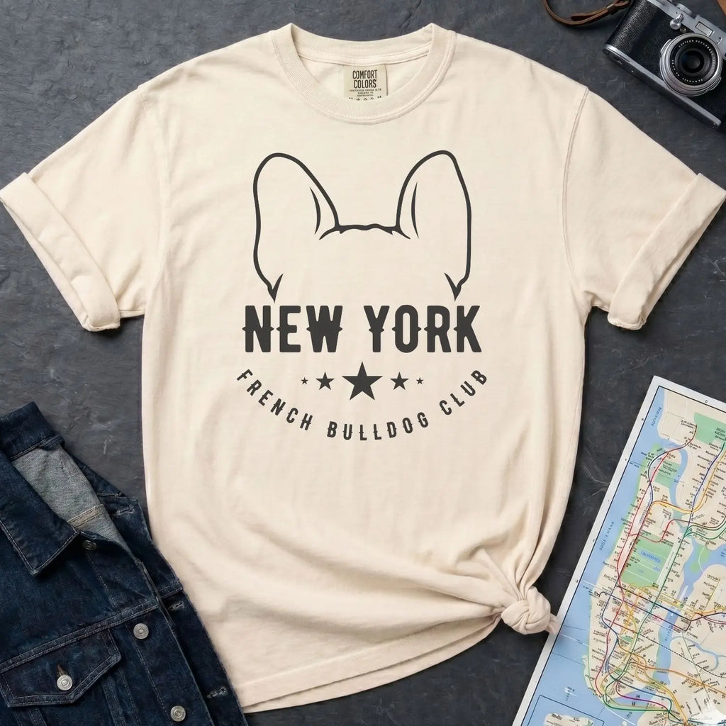 Ivory Comfort Colors t-shirt featuring a New York French Bulldog Club graphic with bold text, outlined French bulldog ears, stars, and a minimalist black design on a gray surface with a map and denim jacket.