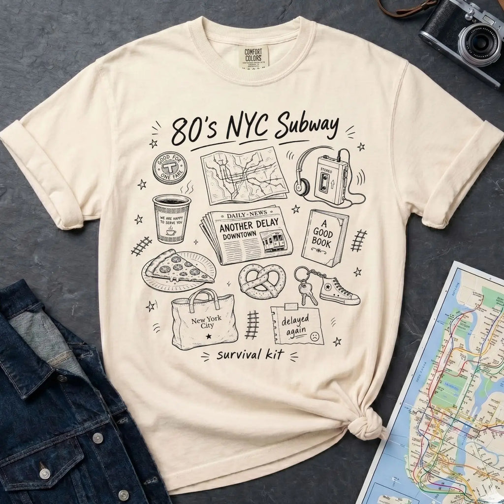Ivory Comfort Colors t-shirt with '80s NYC Subway Survival Kit' graphic design on a dark surface with a denim jacket and a map.