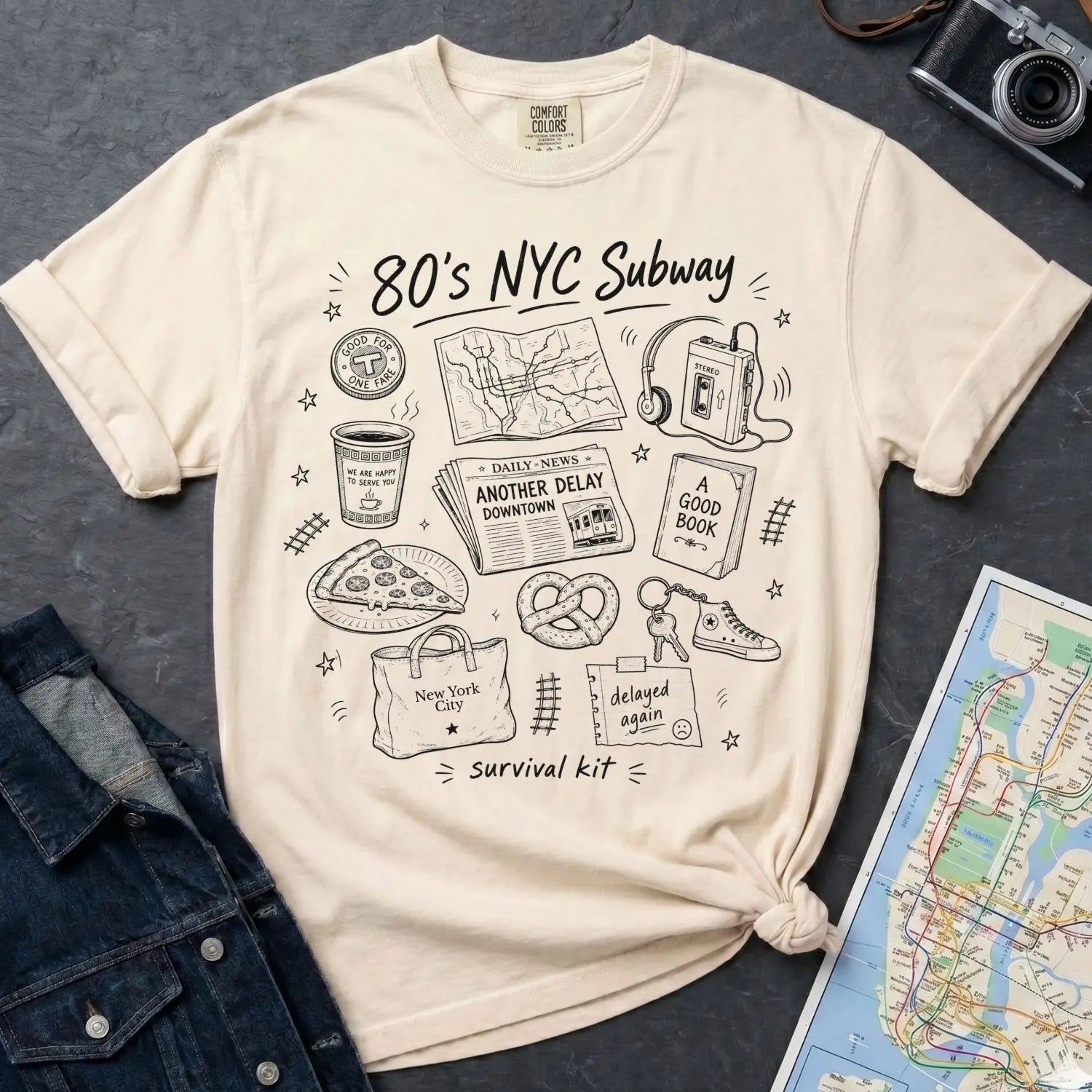 Ivory Comfort Colors t-shirt with '80s NYC Subway Survival Kit' graphic design on a dark surface with a denim jacket and a map.