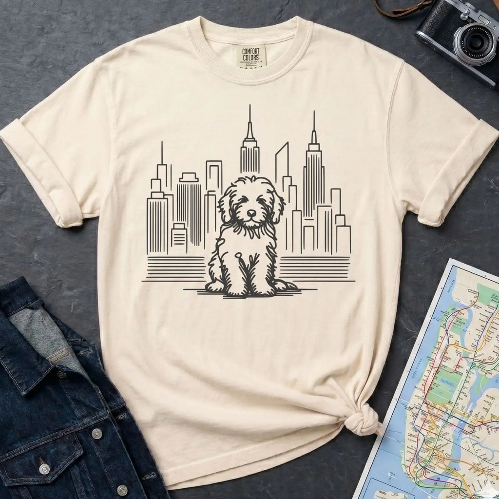 Ivory Comfort Colors t-shirt with a Golden Doodle and cityscape graphic on a dark surface with a denim jacket and a map.