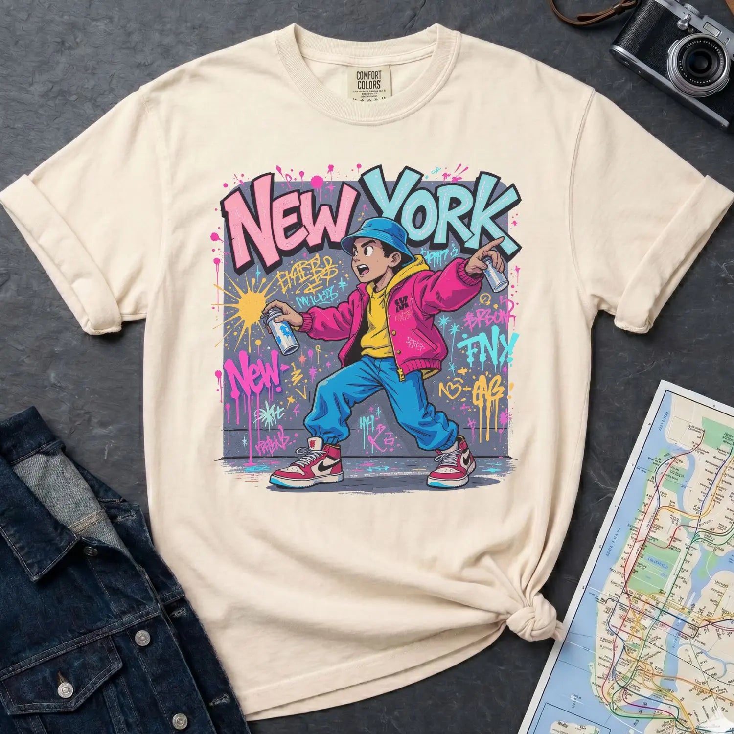 Ivory Comfort Colors t-shirt featuring a colorful NYC graffiti-style New York graphic with a young street artist holding a spray paint can design on a gray surface with denim jacket and map.