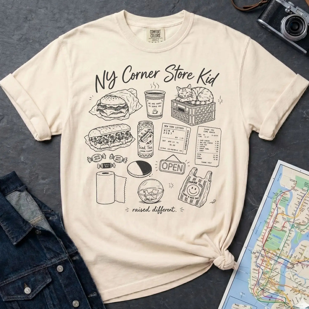 Ivory Comfort Colors t-shirt with 'NY Corner Store Kid' text and images on a gray surface with denim jacket and map
