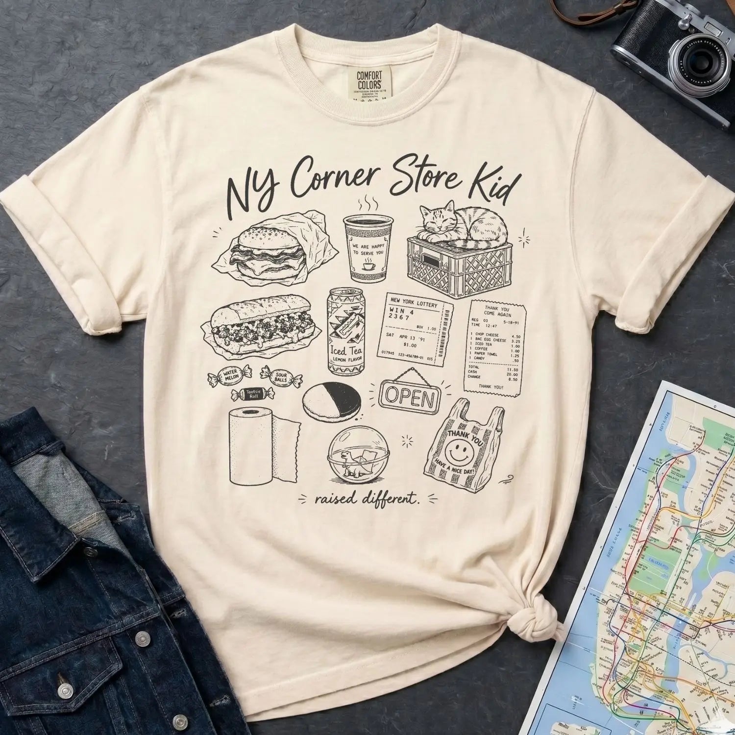 Ivory Comfort Colors t-shirt with 'NY Corner Store Kid' text and images on a gray surface with denim jacket and map