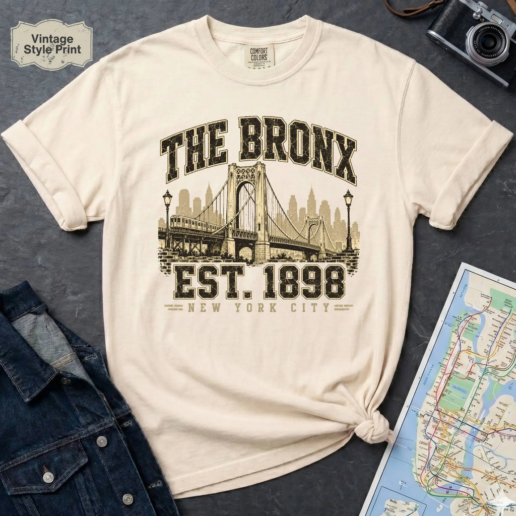 Ivory t-shirt with 'The Bronx Est. 1898' design on a dark surface with a map and denim jacket.
