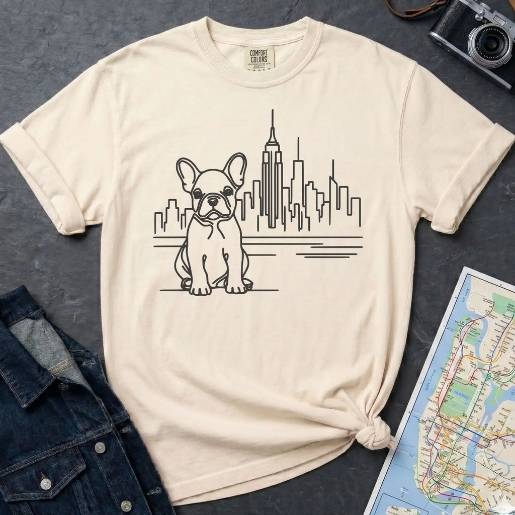 Ivory Comfort Colors t-shirt with a French Bulldog and cityscape design on a gray surface with a map and denim jacket.