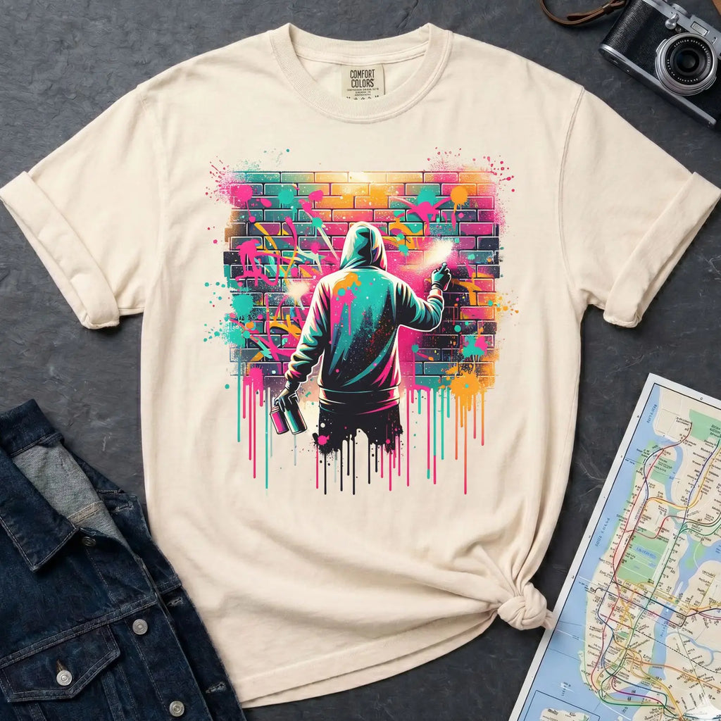 Ivory Comfort Colors t-shirt with a colorful graphic of a person spray painting a brick wall, placed on a dark surface with a map and denim jacket.