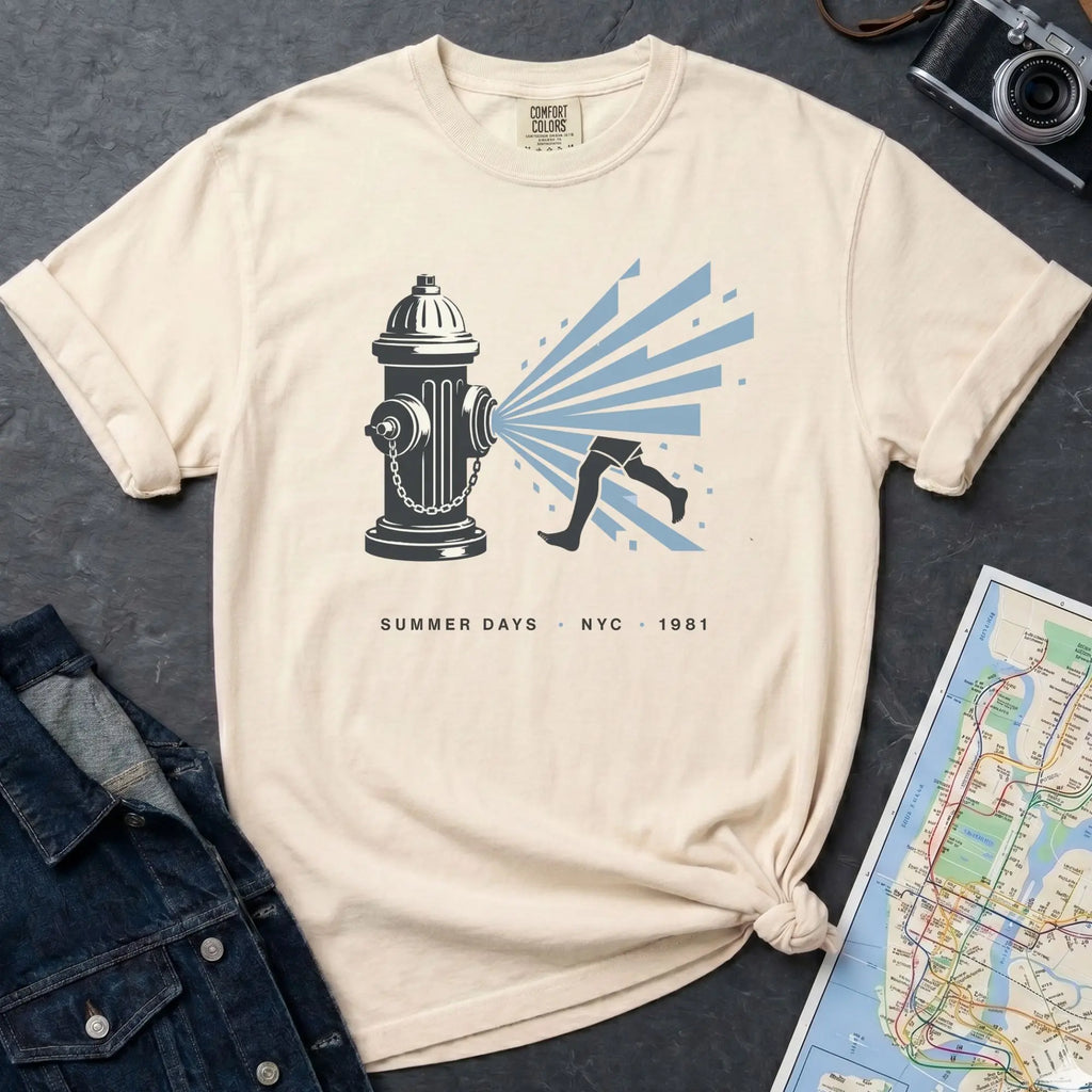 Ivory Comfort Colors t-shirt featuring a vintage NYC fire hydrant spraying water with “Summer Days • NYC • 1981” text, placed on a dark surface with a denim jacket and a map.