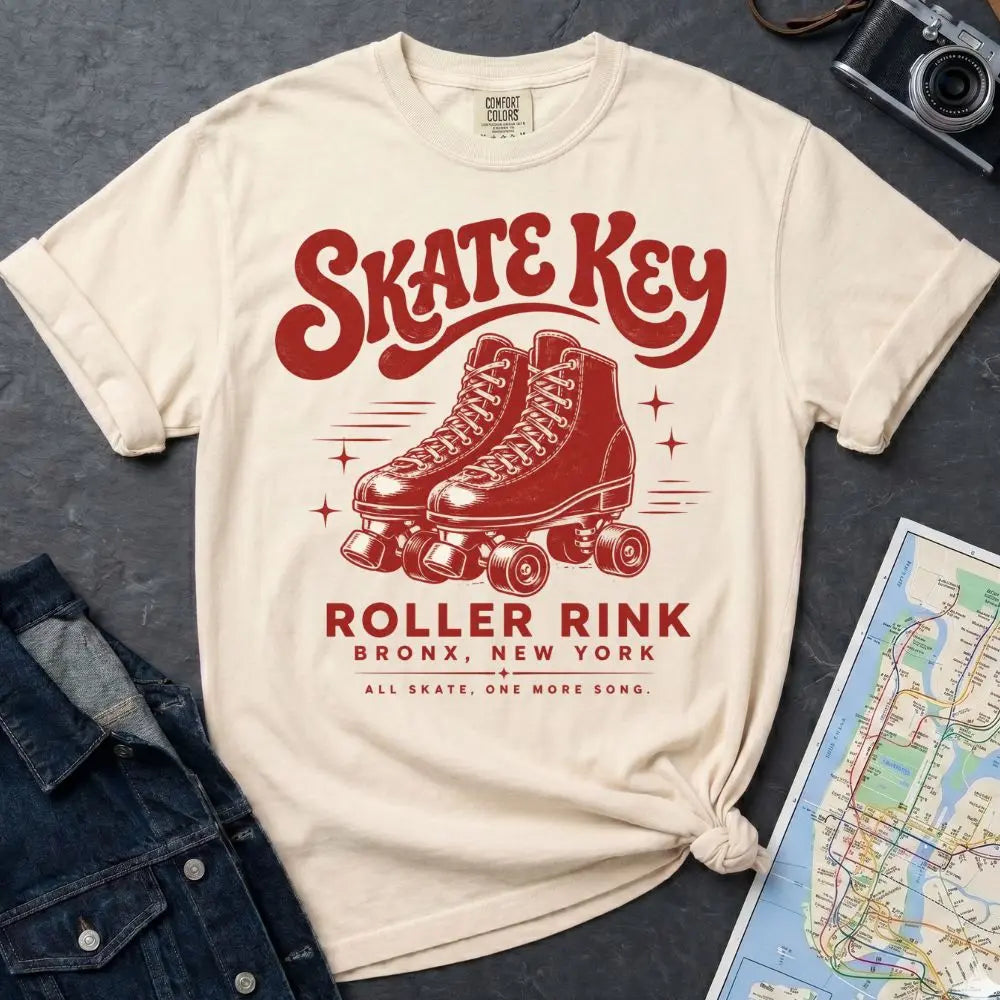 An ivory colored Comfort Colors t-shirt featuring a red retro design that reads 'SKATE KEY' and 'ROLLER RINK BRONX, NEW YORK' with an illustration of roller skates. The shirt is styled in a flat-lay arrangement with a denim jacket, a camera, and a map on a dark gray textured background.
